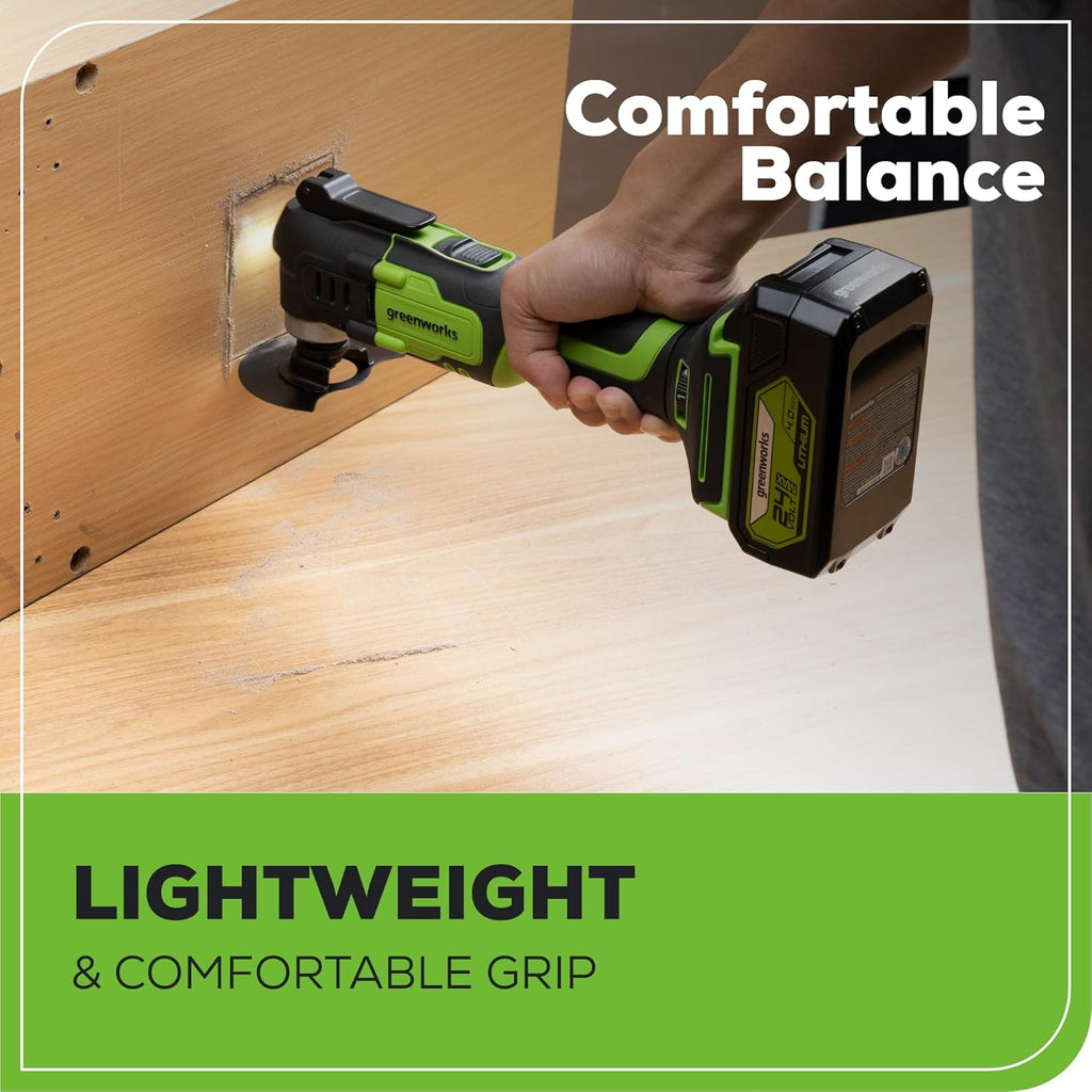 Greenworks 24V Cordless Multi-Tool, Oscillating Tool for Cutting/Nailing/Scraping/Sanding with 6 Variable Speed Control, 2.0Ah Battery, 2A Charger and 13 Accessories Included