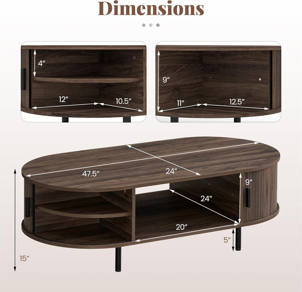 Giantex Oval Coffee Table, 47.5" Mid Century Modern Center Table with Sliding Tambour Doors, Hidden Storage & Open Compartment, Fluted Wood Living Room Tables for Small Space (Walnut)
