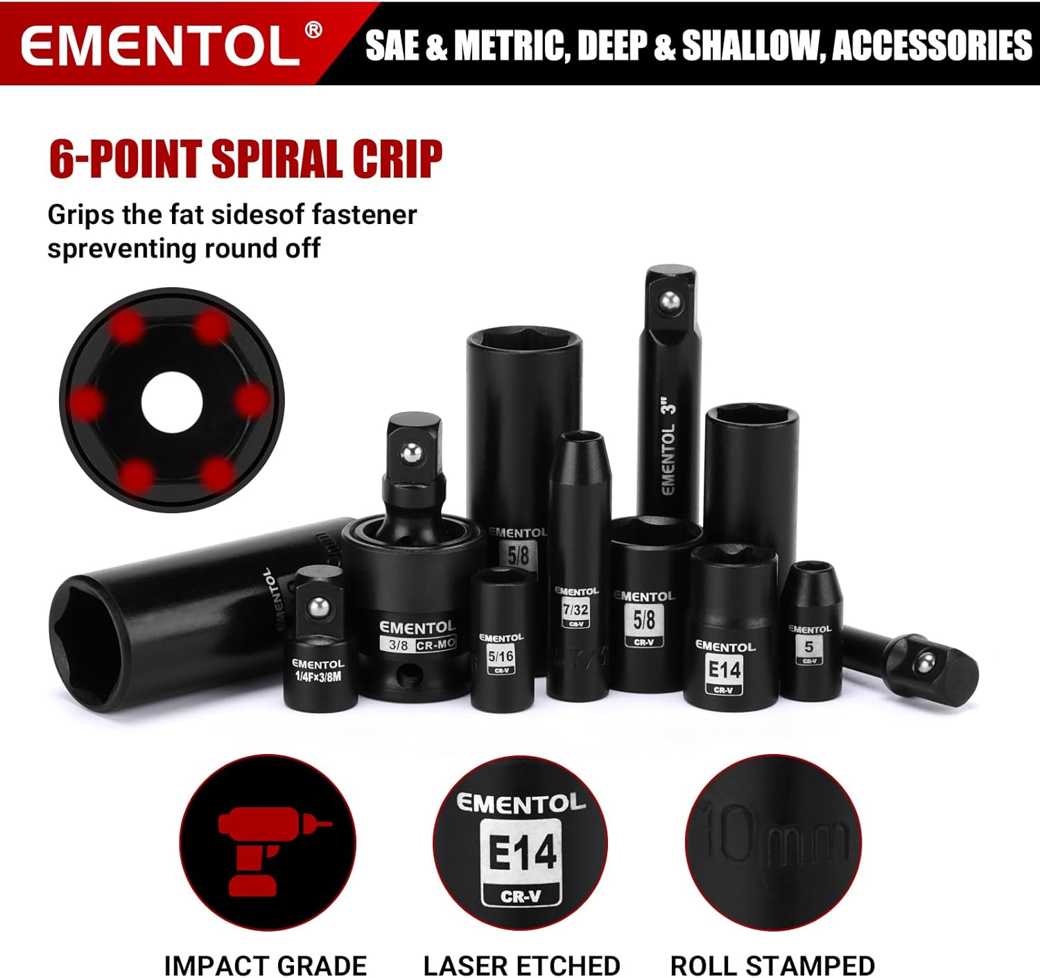 EMENTOL 189-Piece Impact Socket Set, 1/4" & 3/8" Drive Metric and SAE Sizes, CR-V Steel, Includes Deep & Shallow Sockets, Ratchets, Bits, Extensions, Spark Plug Socket & More, with Plastic Tool Case
