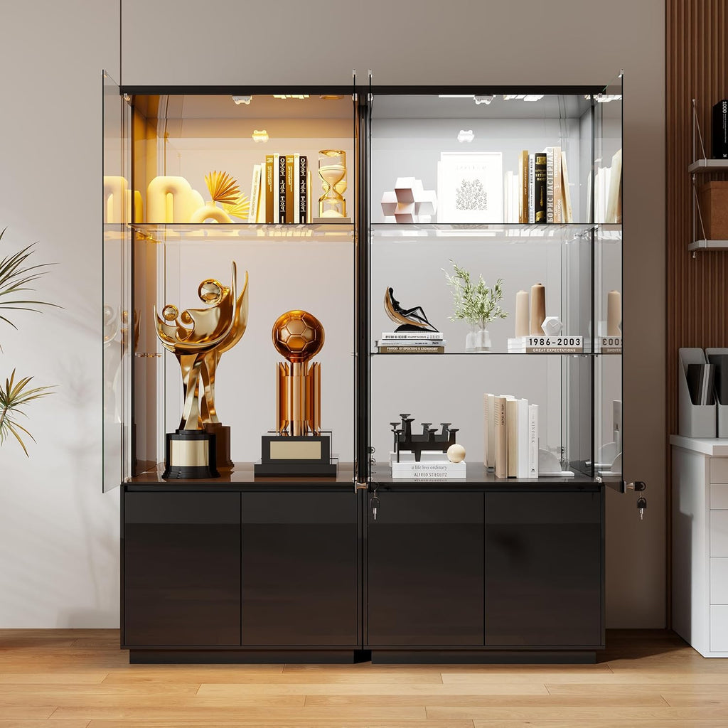 Lvifur 71” Tall Display Cabinet with Glass Doors, Modern Curio Cabinet Display Cases for Collectibles, Locking Cabinet with Shelves, Living Room Bookcase with Lights & Human Body Sensor (Black)