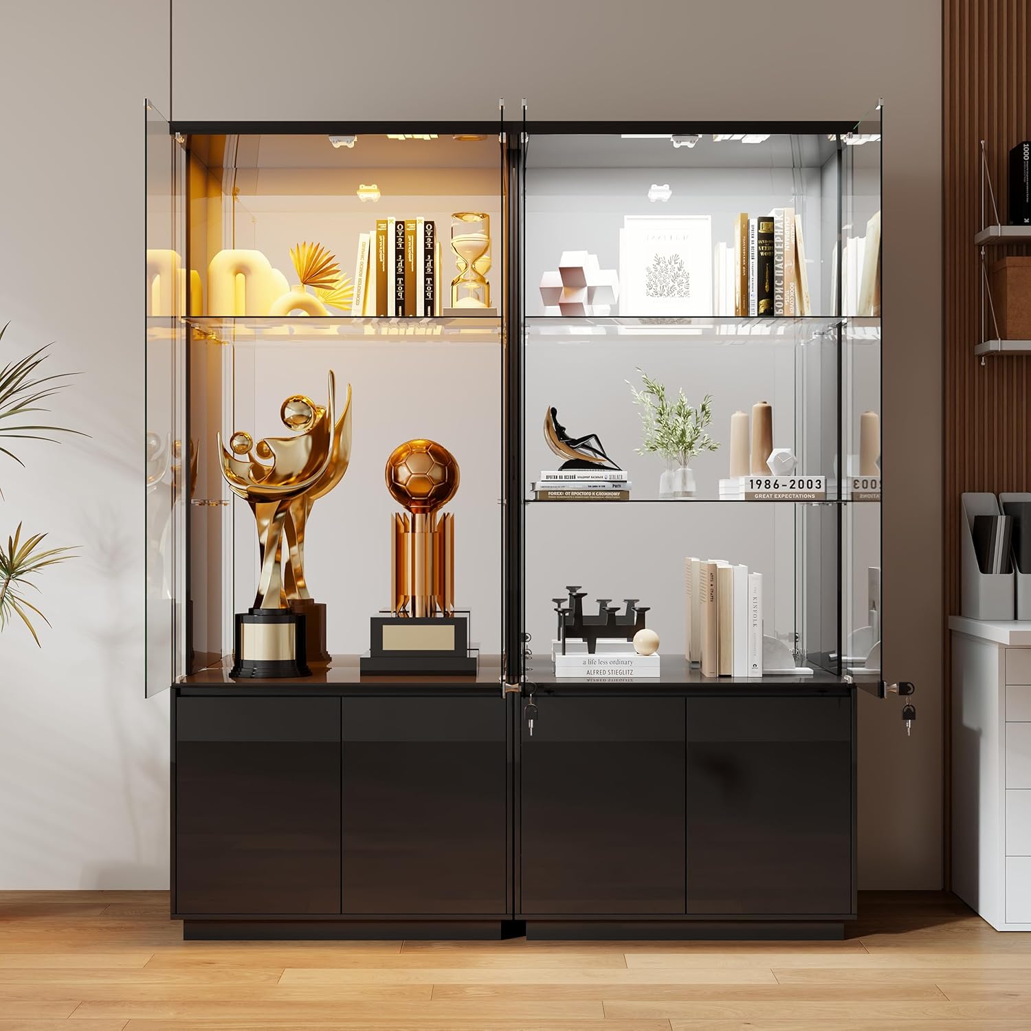 Lvifur 71” Tall Display Cabinet with Glass Doors, Modern Curio Cabinet Display Cases for Collectibles, Locking Cabinet with Shelves, Living Room Bookcase with Lights & Human Body Sensor (Black)