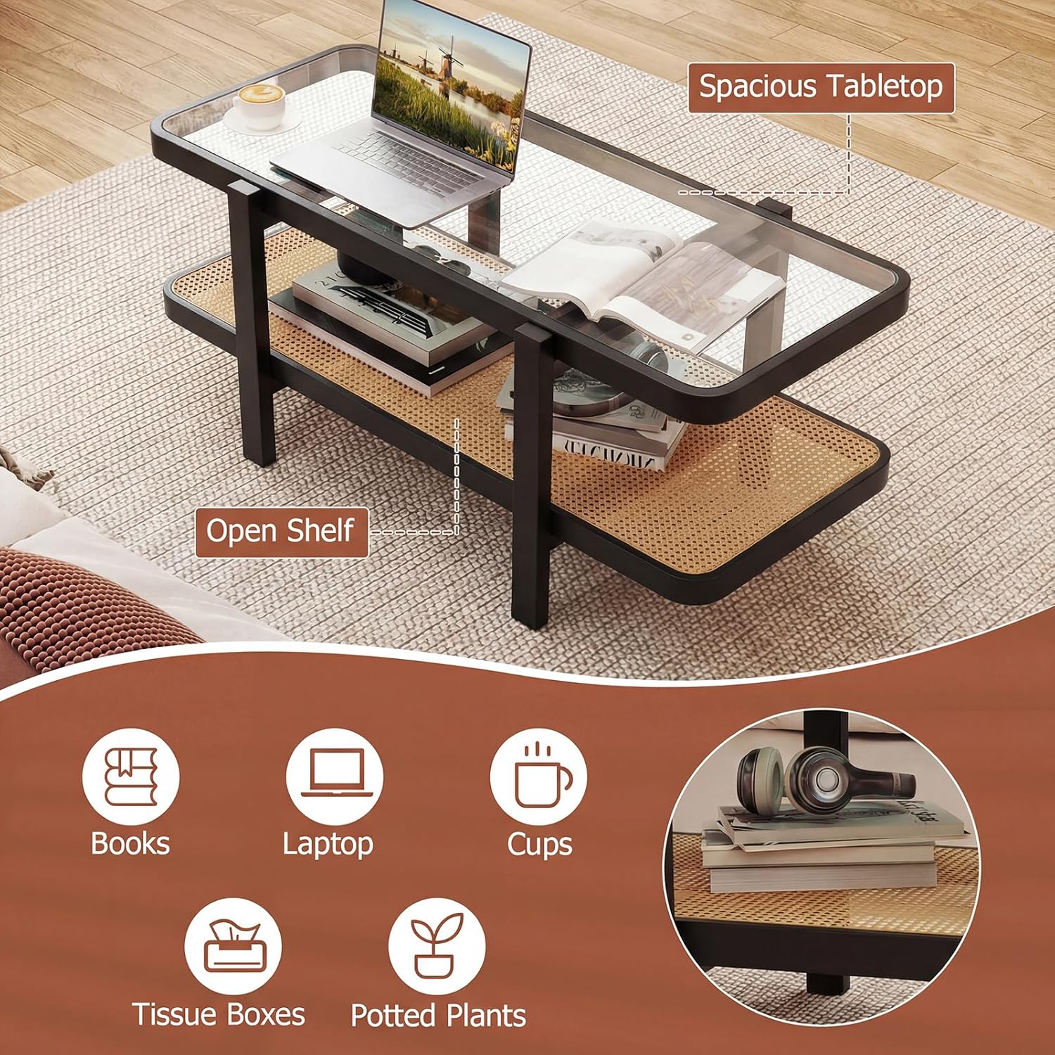 Giantex Rattan Coffee Table, 47.5" Rectangle Solid Wood Tea Table w/Tempered Glass Tabletop, Rattan Storage Shelf, 2-Tier Boho Coffee Tables, Farmhouse Center Table for Living Room (Black)