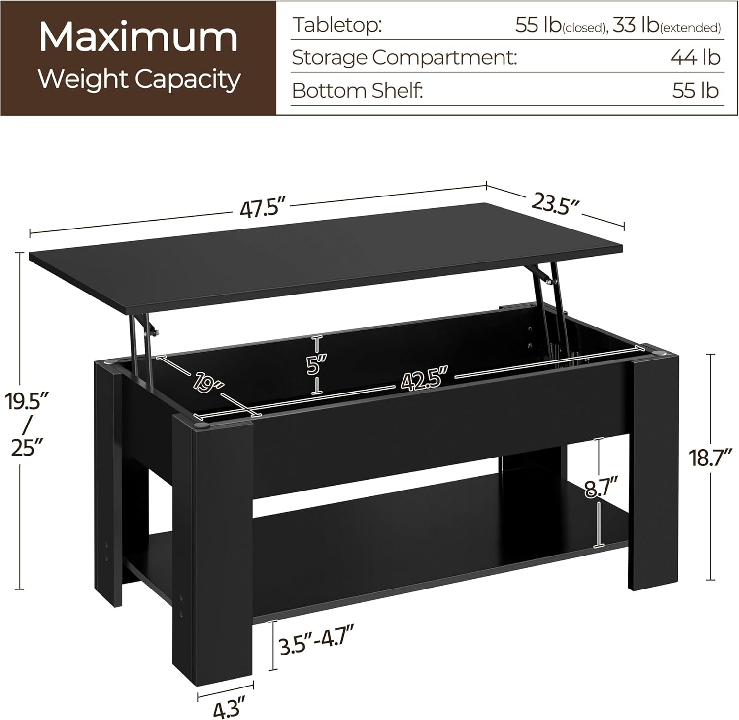 Yaheetech Lift Top Coffee Table with Hidden Compartment and Storage Shelf, Rising Tabletop Dining Table for Living Room Reception Room, 47.5in L, Black