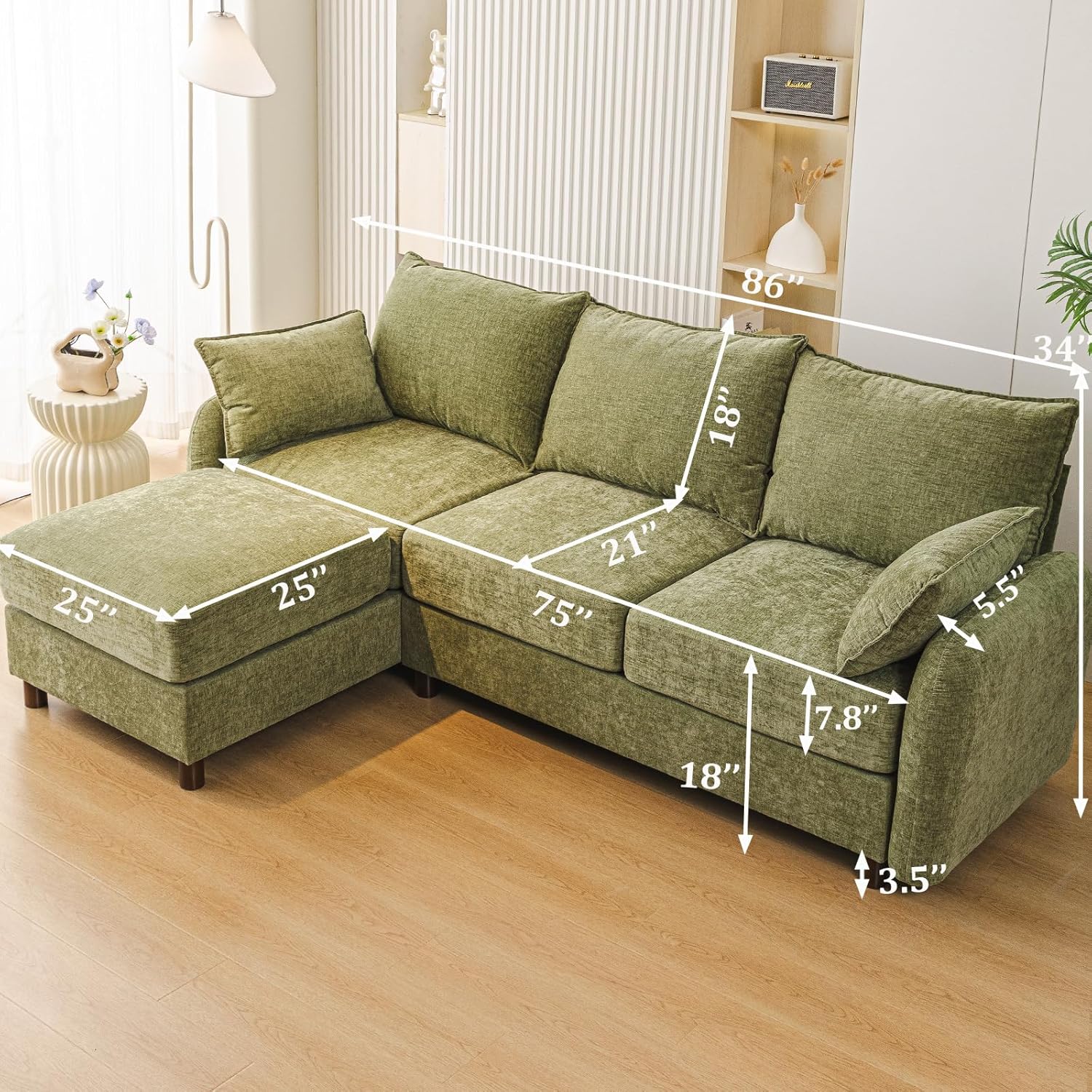 86'' Sectional Couches, L Shaped Couch with Movable Chaise Lounge,Comfy 3 Seats Sofa with Thick Cushion,Wood Legs,2 Throw Pillows,Sectional for Living Room,Bedroom,Apartment,Chenille,Green