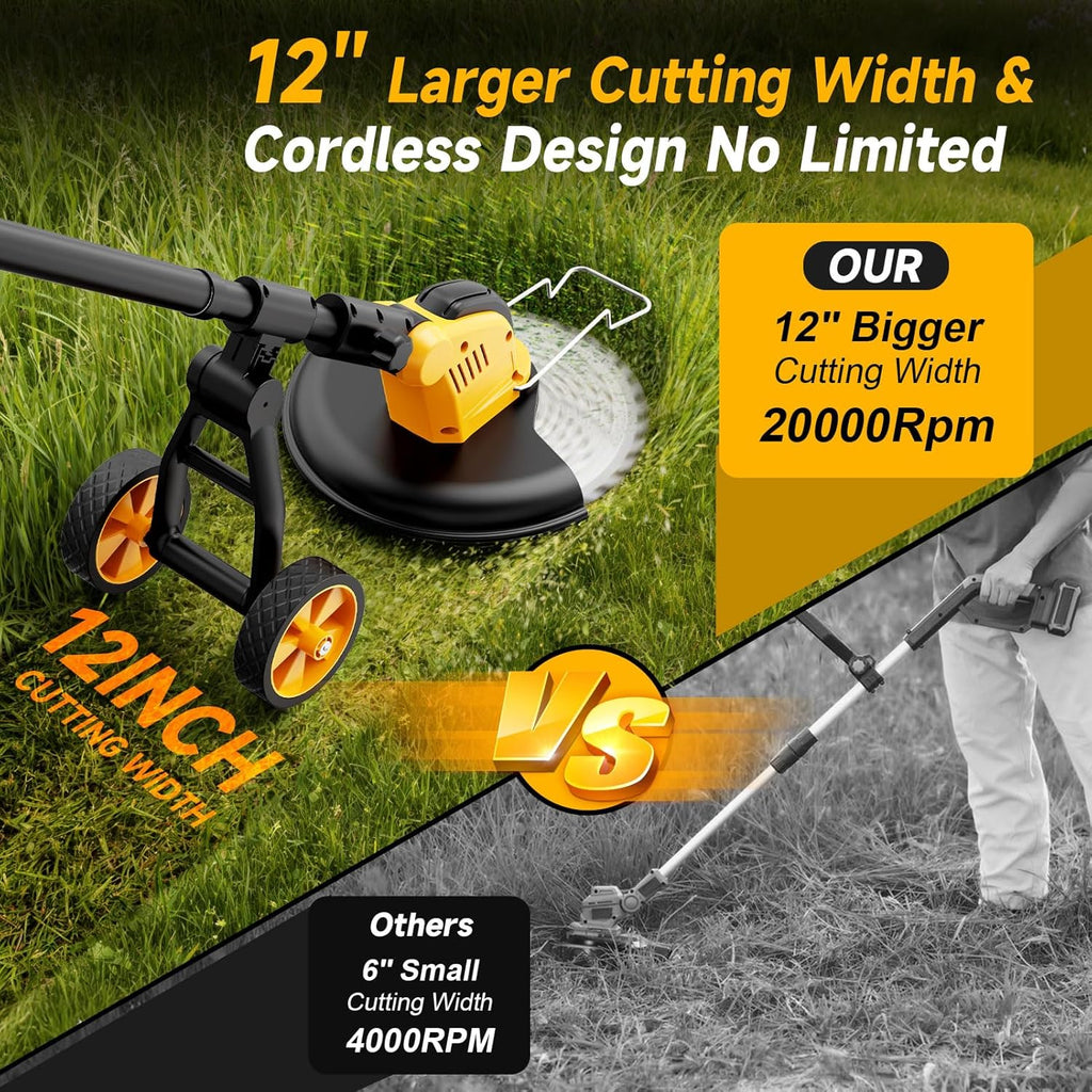 20000 RPM Brushless Electric Weed Wacker Cordless, 12'' Wheeled Weed Eater Battery Powered Brush Cutter, 4-in-1 Grass Trimmer Stringless Weed Trimmer Lawn Mower Edger W/Wheel Metal Blade Battery