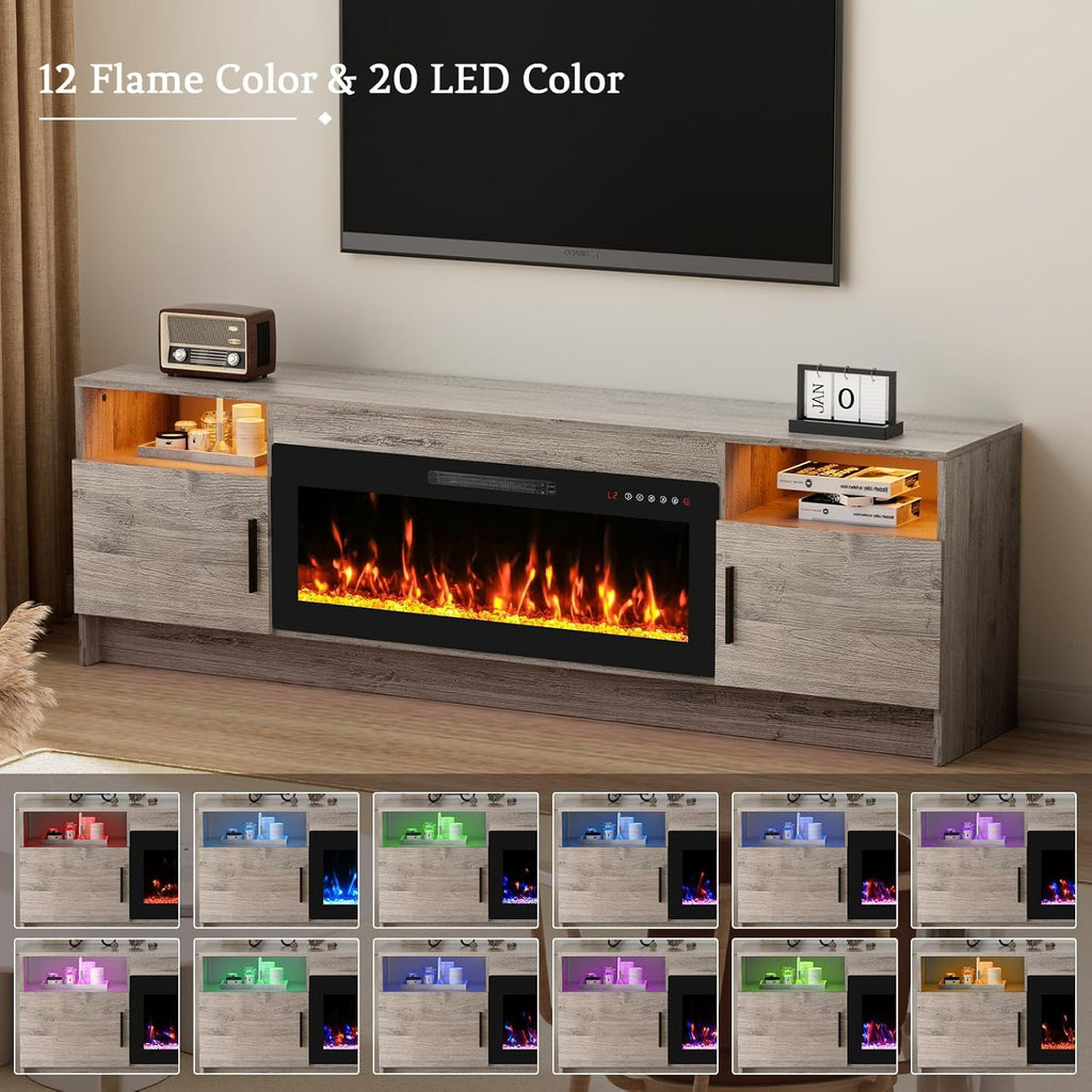 70'' TV Stand with Fireplace, Entertainment Center with Fireplace for 75+inch TV- Grey TV Cabinets with Storage, 20 Led Colors, Cable Management, Modern TV Console for Living Room