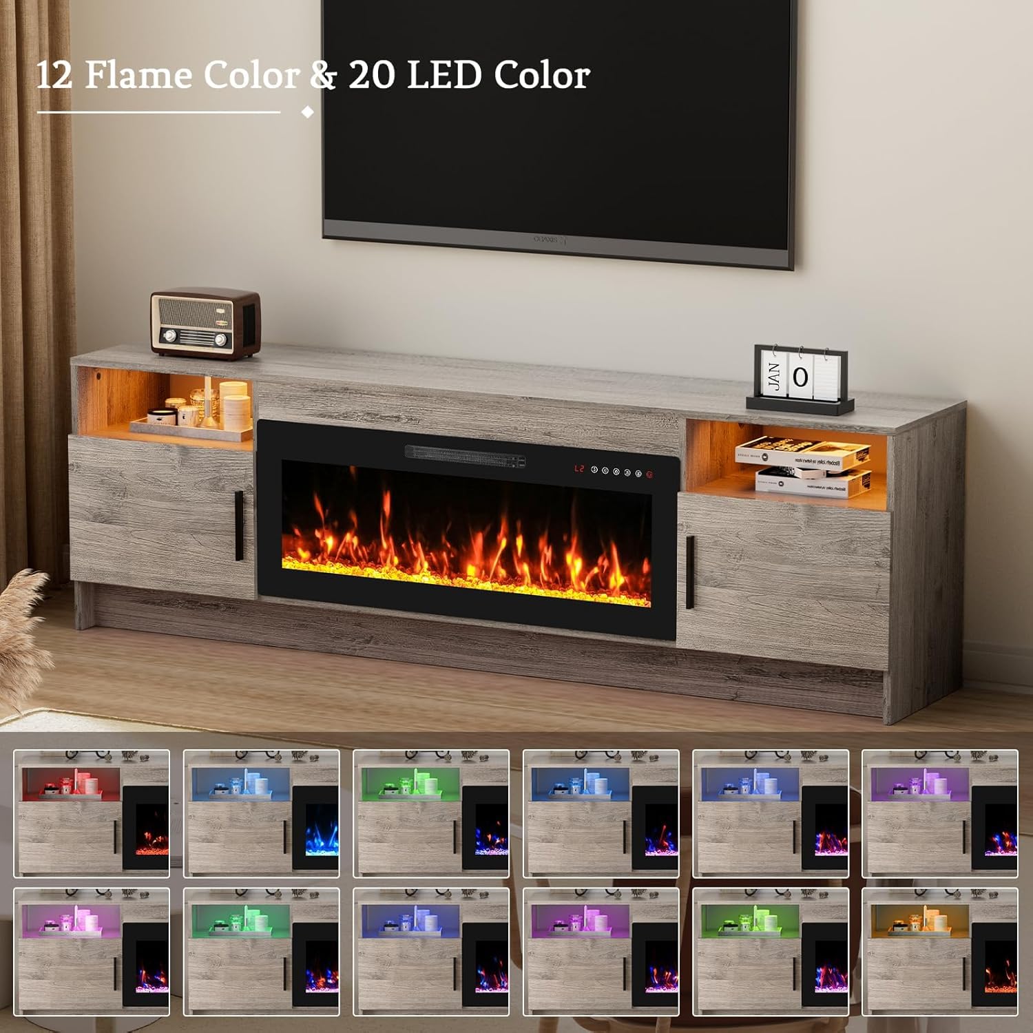 70'' TV Stand with Fireplace, Entertainment Center with Fireplace for 75+inch TV- Grey TV Cabinets with Storage, 20 Led Colors, Cable Management, Modern TV Console for Living Room
