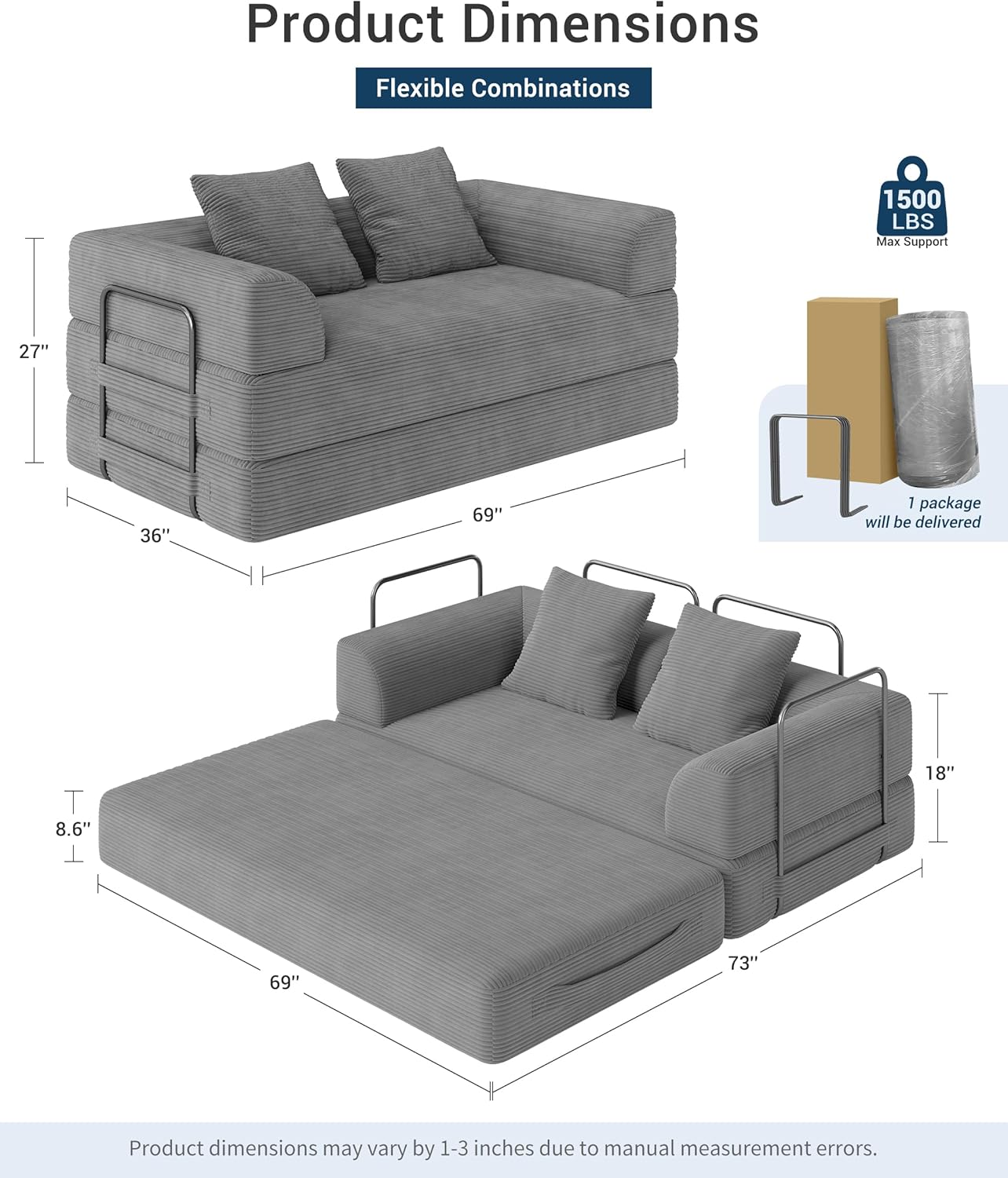 Cloud Boneless Convertible Floor Sofa Bed, 70" 4-in-1 Foldable Compressed Loveseat Lounge Sleeper 2 Seater Couches, High-Density Sponge & Corduroy Fabric Futon Daybed for Living Room Bedroom(Gray)
