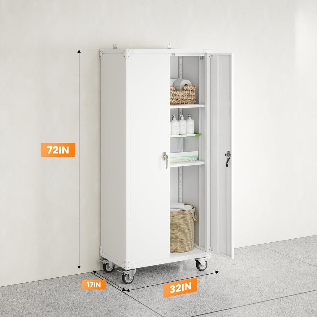 DUMOS 72" Metal Garage Storage Cabinet with Wheels, Tall Rolling Steel Tool Cabinet with Adjustable Shelves and Locking Doors, Lockable File Cabinet for Garage, Home, Office, Warehouse, White