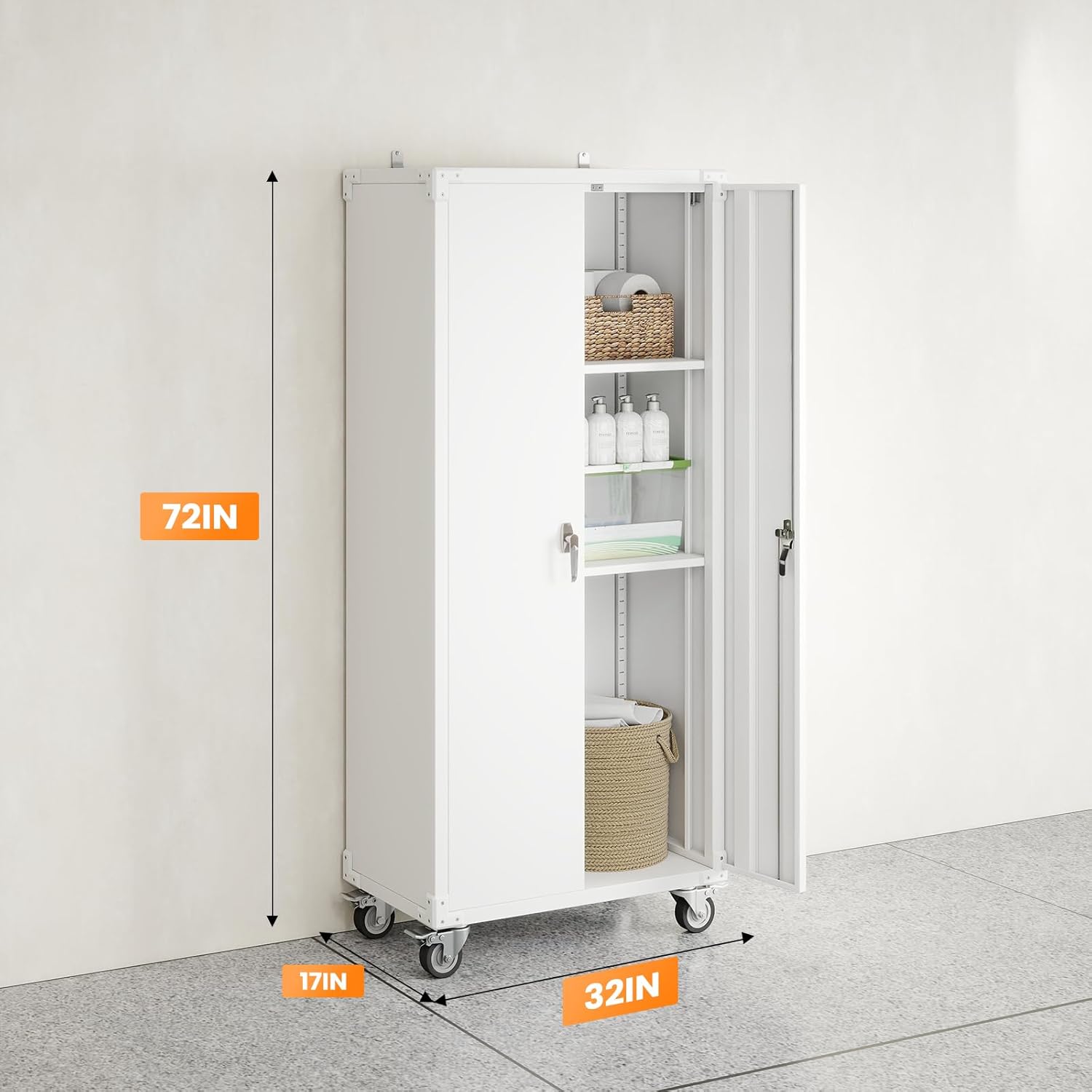 DUMOS 72" Metal Garage Storage Cabinet with Wheels, Tall Rolling Steel Tool Cabinet with Adjustable Shelves and Locking Doors, Lockable File Cabinet for Garage, Home, Office, Warehouse, White