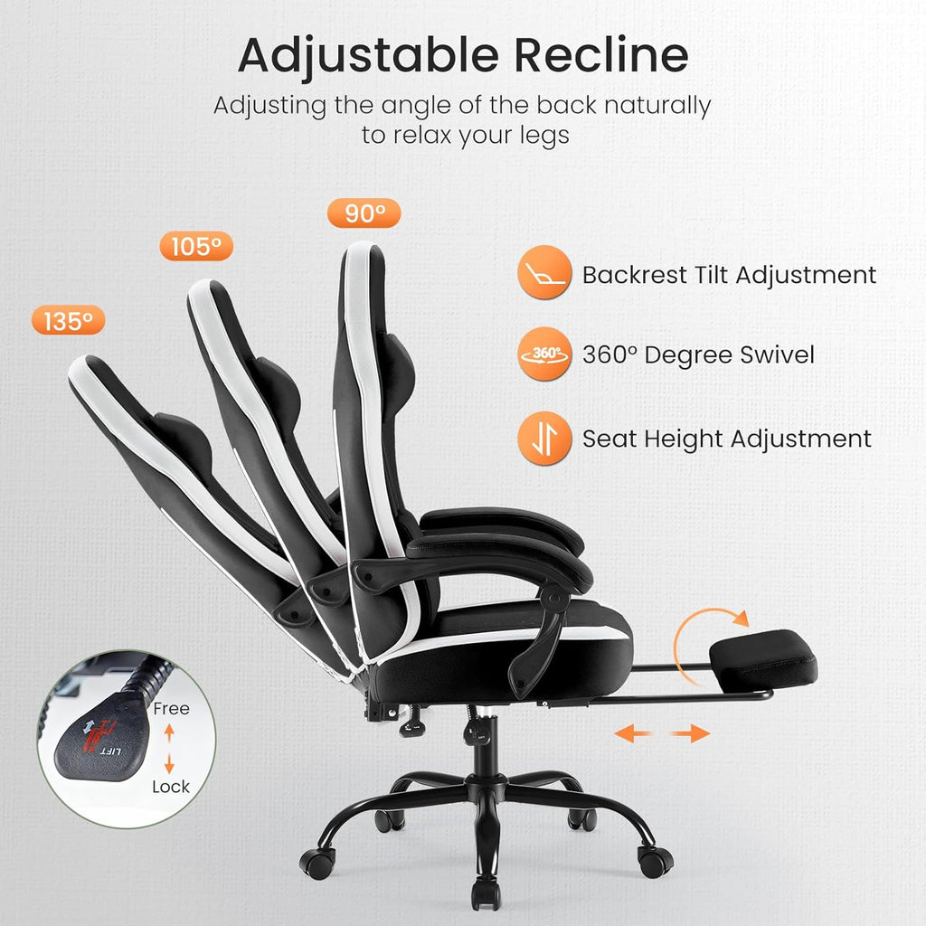 Sweetcrispy Computer Gaming Chair - Ergonomic Desk Chair with Footrest and Lumbar Support, High Back Height Adjustable Task Chair with Linkage Armrests and Headrest, 360° Swivel Wheels, Black