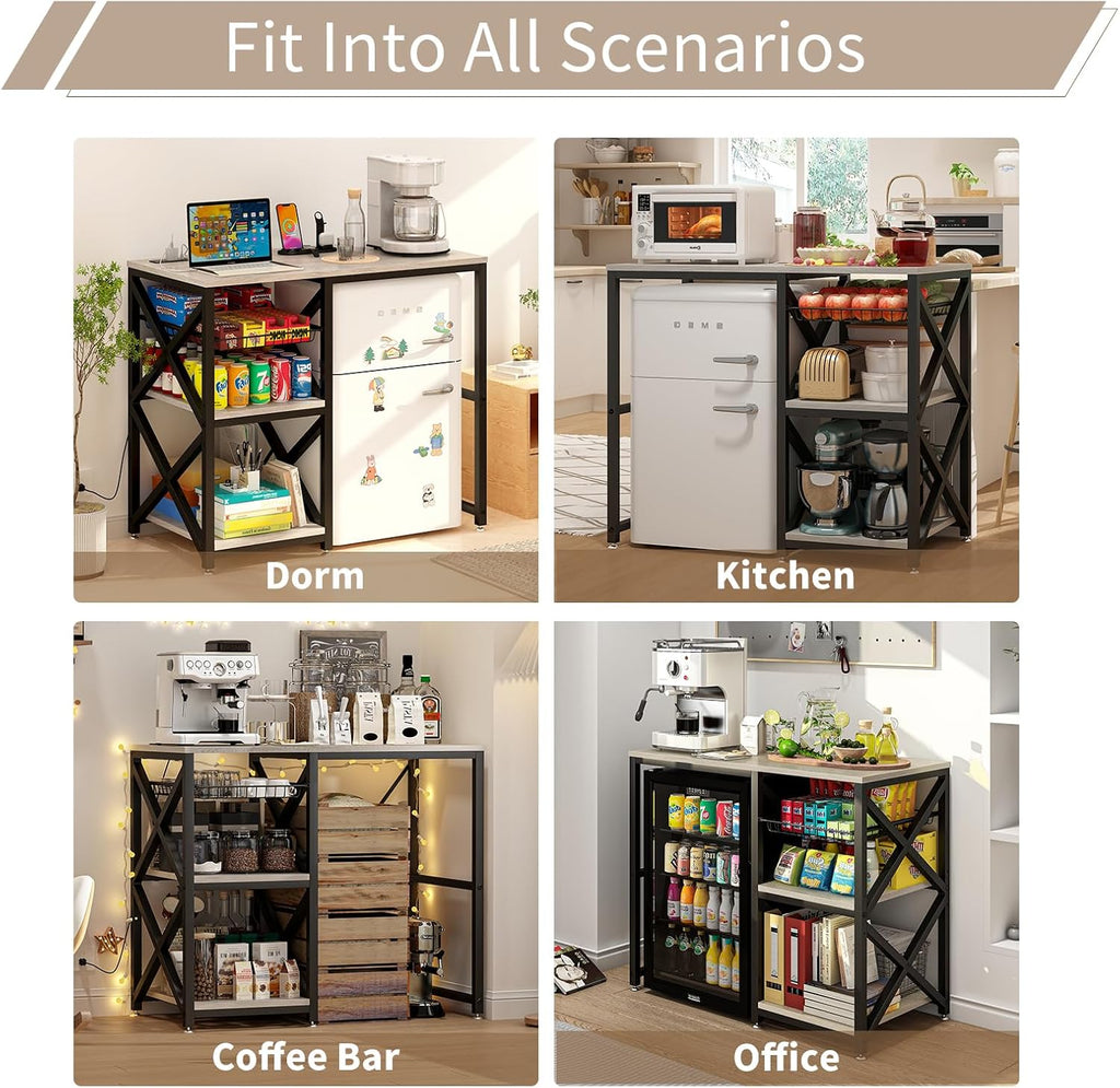 METYERRY Kitchen Bakers Rack with Power Outlet,Mini Fridge Cabinet with Mesh Basket, Mini Fridge and Microwave Table with Storage for Office,Kitchen,Living Room,Coffee Bar,Patio,Greige