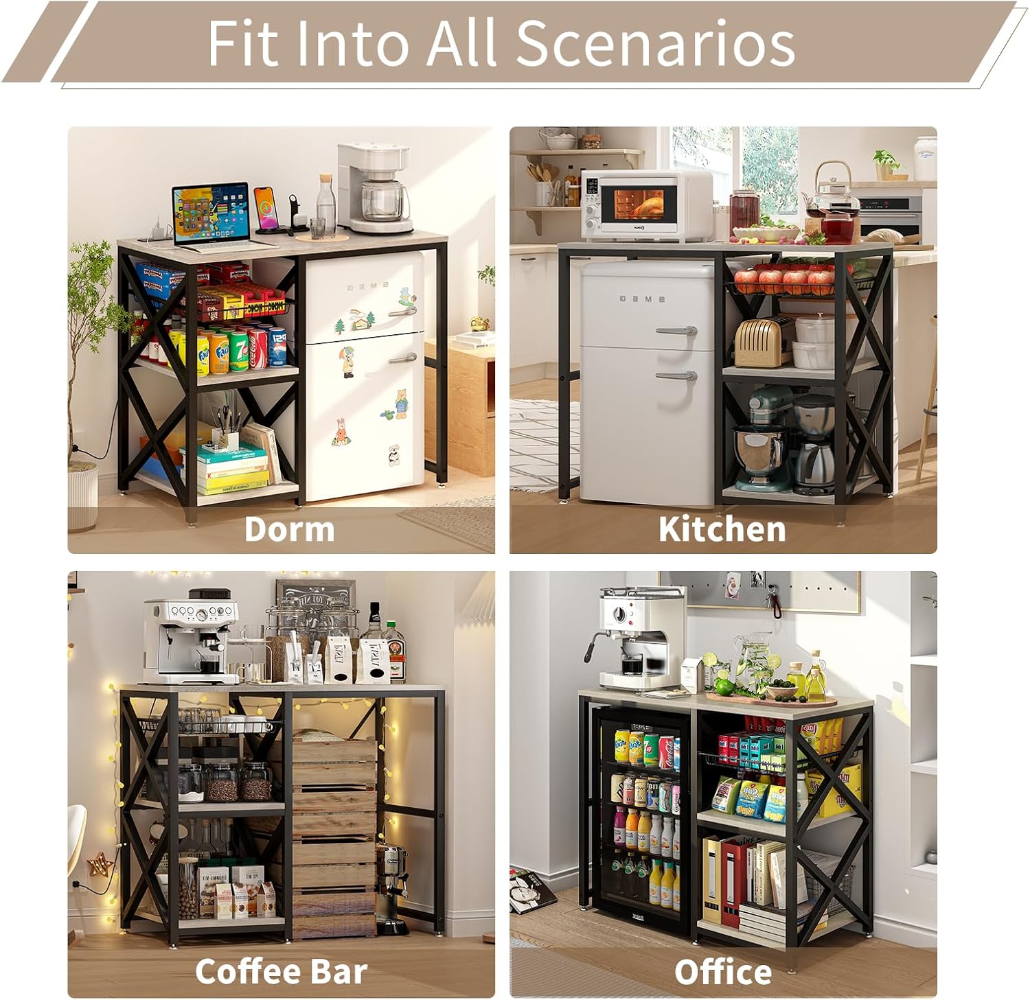 METYERRY Kitchen Bakers Rack with Power Outlet,Mini Fridge Cabinet with Mesh Basket, Mini Fridge and Microwave Table with Storage for Office,Kitchen,Living Room,Coffee Bar,Patio,Greige