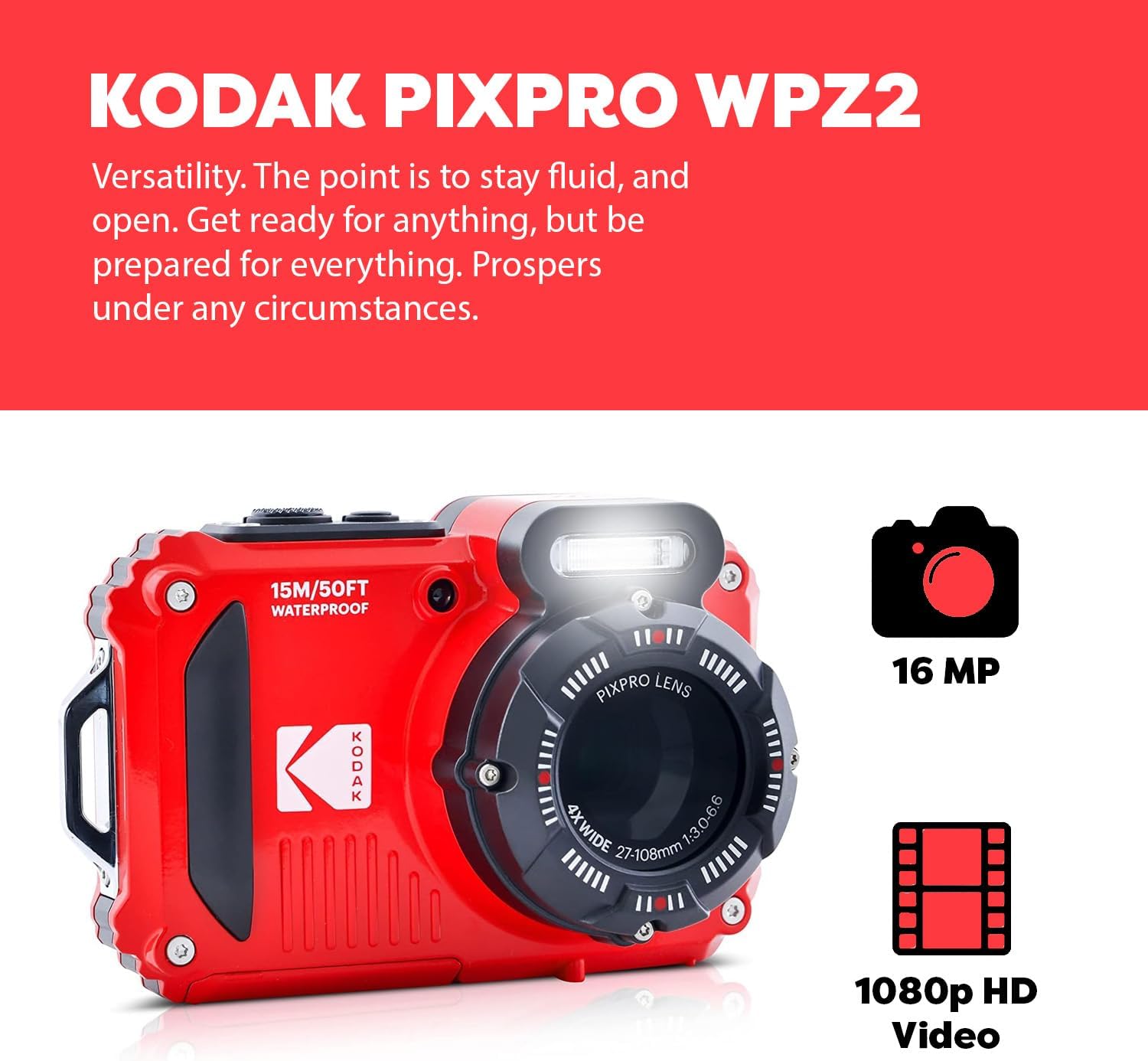 KODAK PIXPRO WPZ2 Rugged Waterproof Digital Camera  Red Bundles with Case  Monopod  Card Reader and More (9 Items)