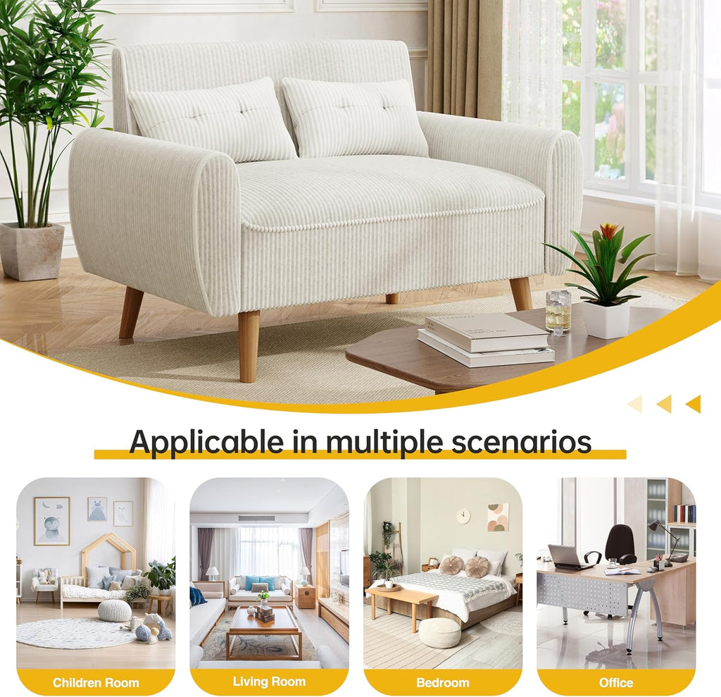 JAMFLY 47'' Small Loveseat Sofa, 2 Seat Compact Couch with Tapered Legs, White Upholstered Furniture, Solid Wood Frame, Comfy Foam Cushion, Easy Assembly for Small Spaces