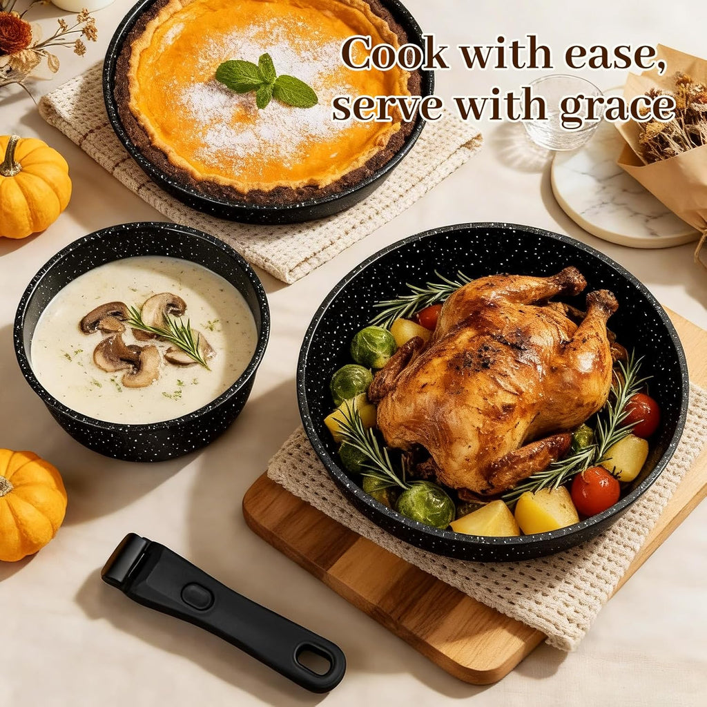 Pots and Pans Set - Non Stick 25 Pieces Cookware Set Pots and Pans with Detachable Handles, Includes Pans, Pots, Utensils, Trivets for Hot Dishes, Lids, Space-Saving Cookware