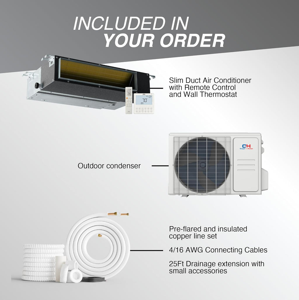 Cooper & Hunter 12,000 BTU 230V Concealed Slim Ducted Mini Split Air Conditioner & Heat Pump – 19 SEER2 Inverter System – Includes 25FT Installation Kit – Cooling & Heating