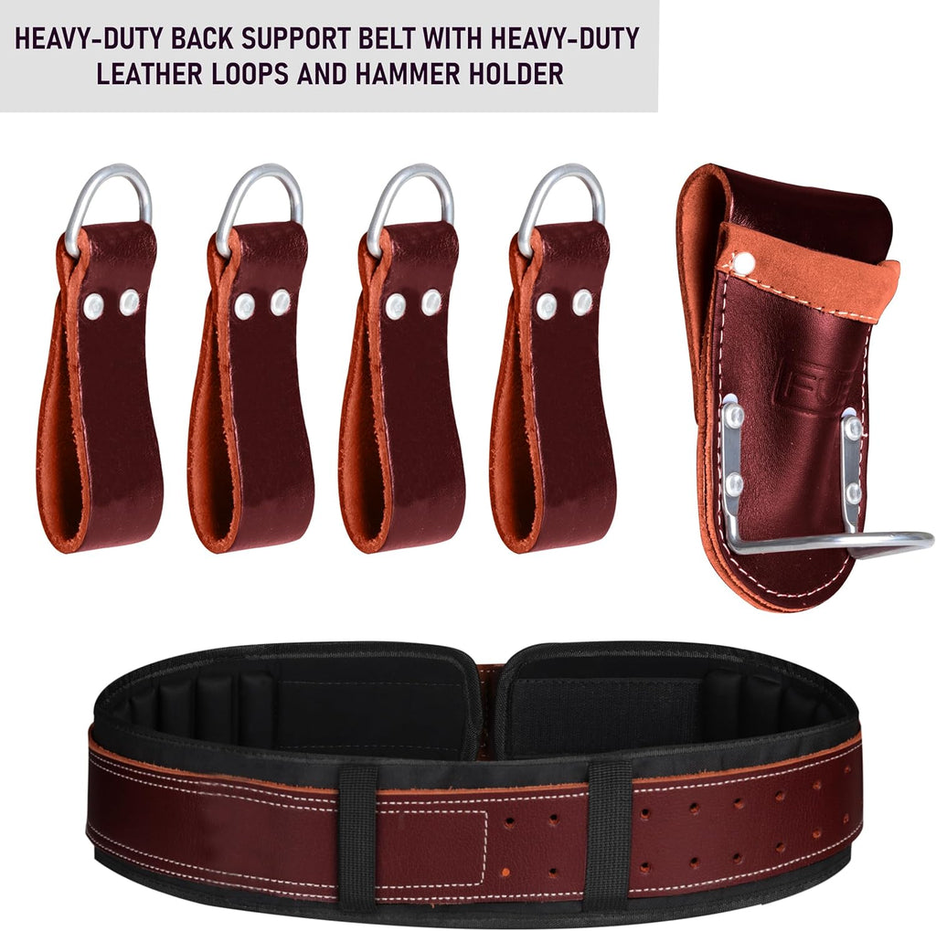 FUERI Electrician's Heavy Duty 26 Pocket Leather-Nylon Tool Belt & Suspender Combo, Comfort Back Support Padded Belt, 2 Large Storage Capacity Pouches, Best for Framers, Carpenter, Roofing