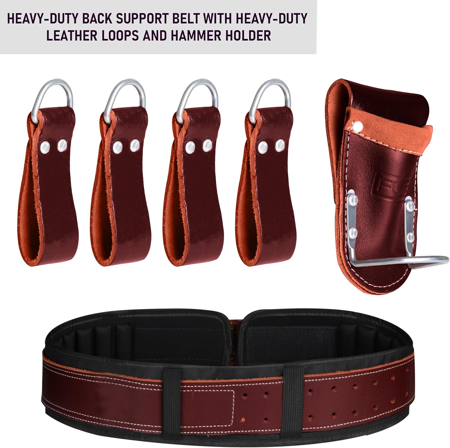 FUERI Electrician's Heavy Duty 26 Pocket Leather-Nylon Tool Belt & Suspender Combo, Comfort Back Support Padded Belt, 2 Large Storage Capacity Pouches, Best for Framers, Carpenter, Roofing