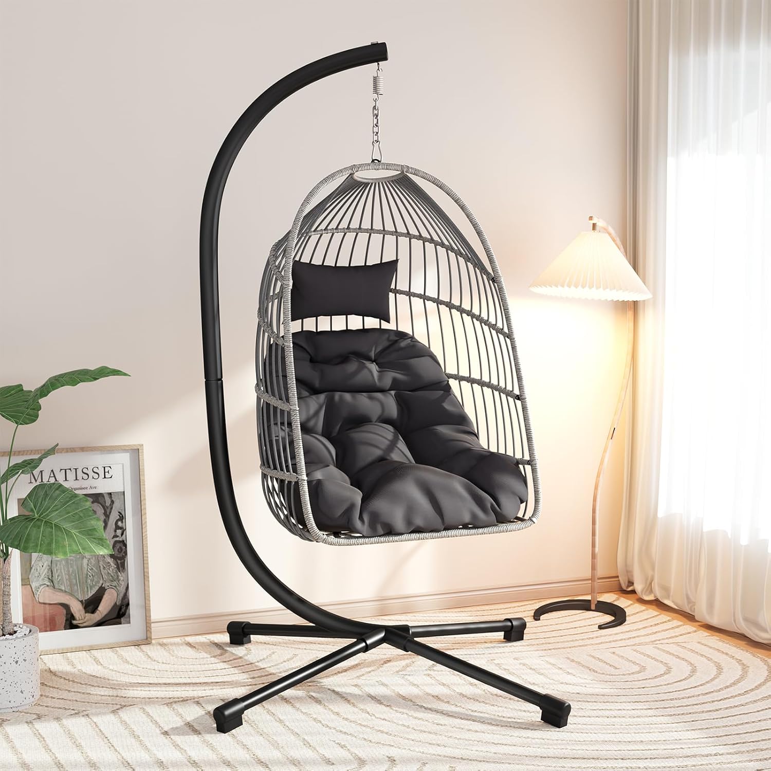 Hanging Egg Chair with Stand, Foldable Oversized Swing Chair, All-Weather Core-Spun Rope, Premium Fabric, Thick Breathable Water-Resistant Cushion, 350LBS Indoor Outdoor (Dark Grey)