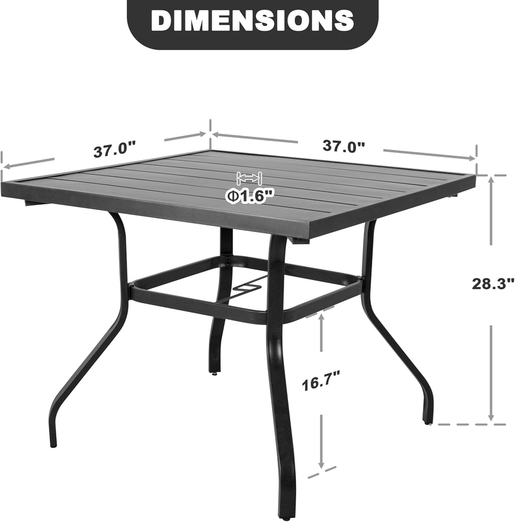 NUU GARDEN 37" Outdoor Patio Table, 4 Person Steel Slat Square Dining Table with 1.57" Umbrella Hole, Slatted Top and Powder Coated Iron Frame for Patio, Garden and Balcony, Black