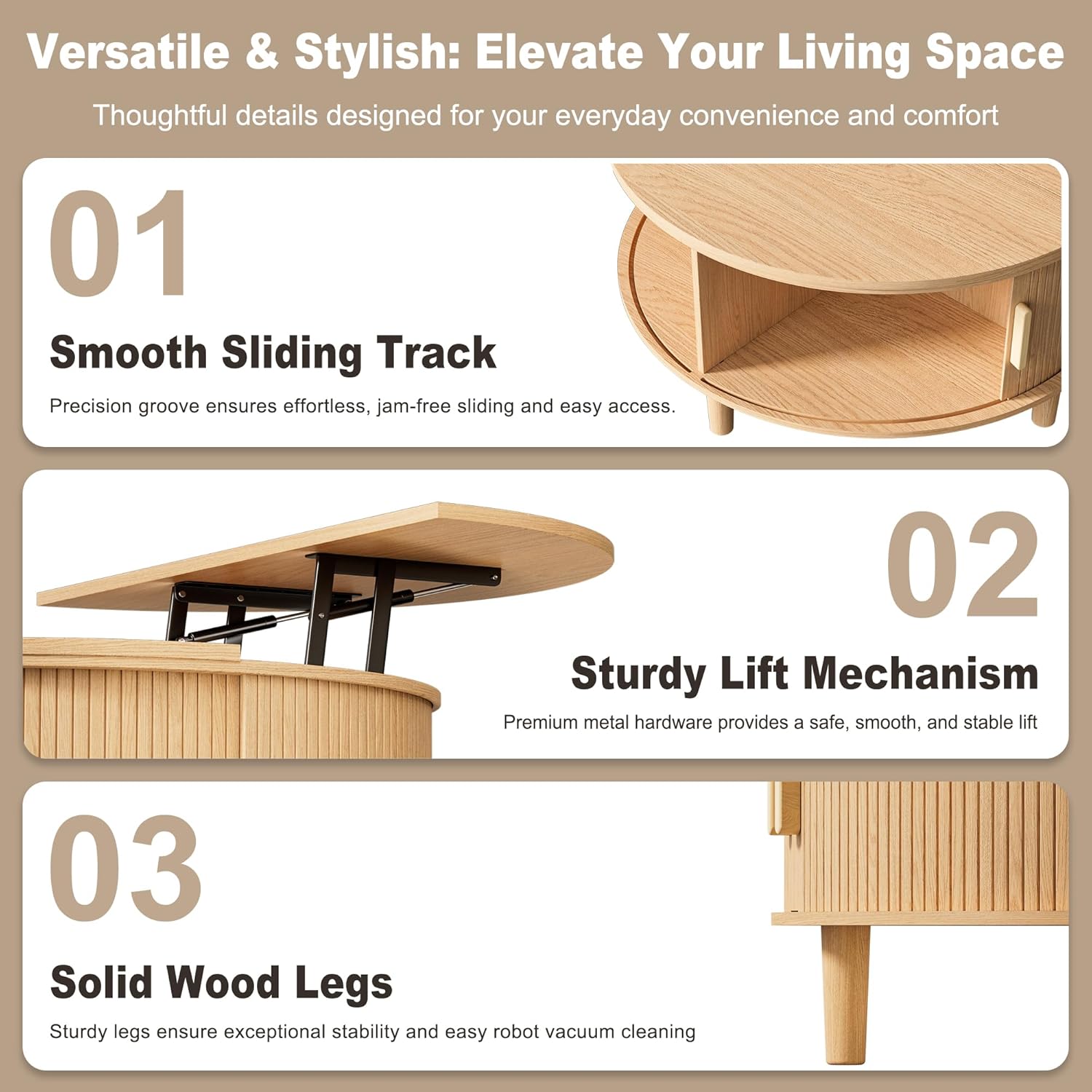 INNOD Round Coffee Table Lift Top with Storage, Fluted Drum Coffee Table for Living Room, Mid Century Modern Oak Wood Round Coffee Table with Sliding Tambour Door, Center Table (Boho Light Oak)