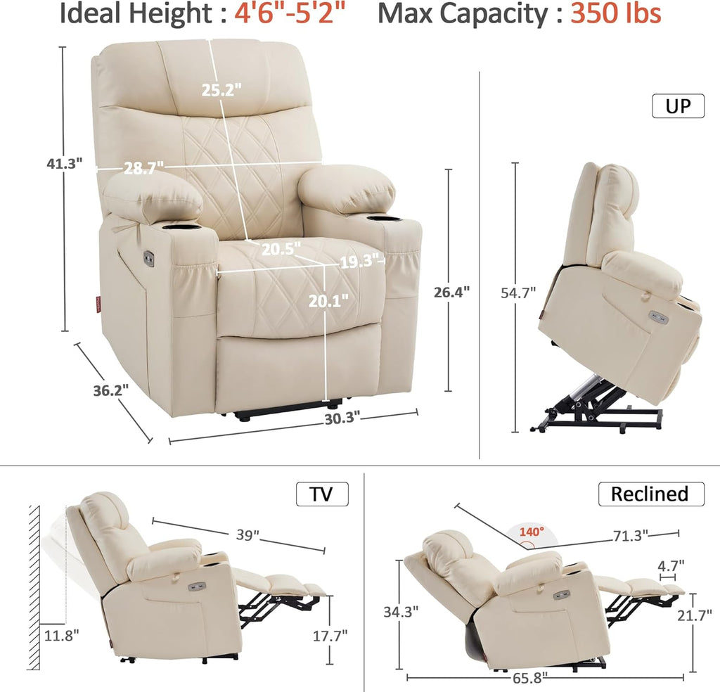 MCombo Small Power Lift Recliner Chair Sofa with Massage and Dual Heating, Adjustable Headrest for Elderly People Petite, USB Ports, Faux Leather 7111 (Cream White)