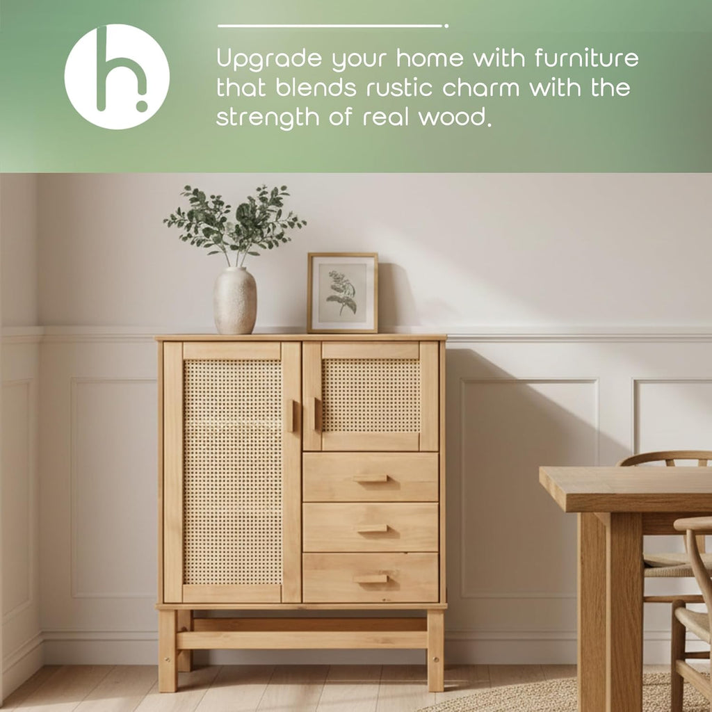 Nature Sideboard with 2 Doors, 3 Drawers & 4 Inner Shelves – Spacious Buffet Cabinet with Woven Rattan Doors – Versatile Storage for Dining or Living Spaces