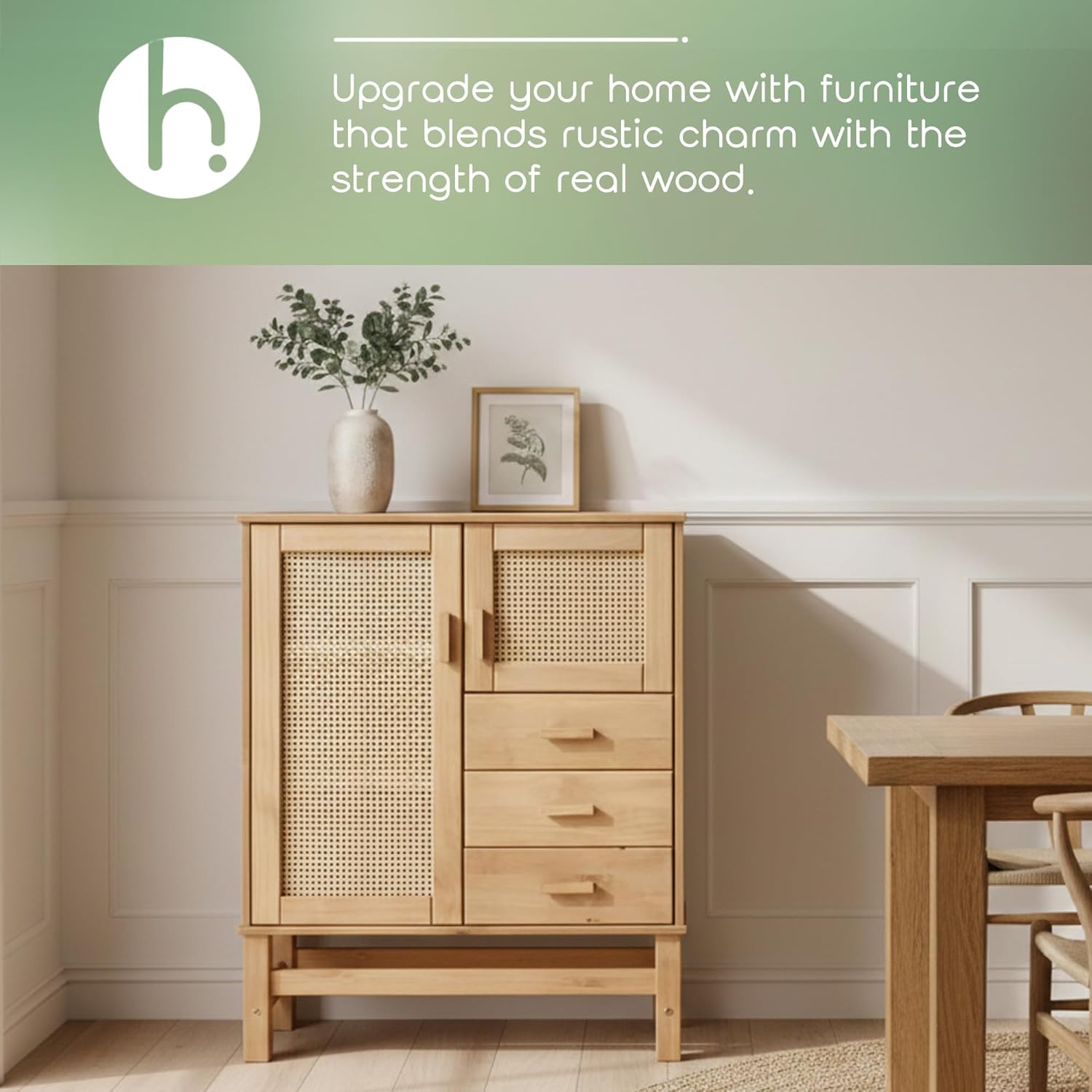 Nature Sideboard with 2 Doors, 3 Drawers & 4 Inner Shelves – Spacious Buffet Cabinet with Woven Rattan Doors – Versatile Storage for Dining or Living Spaces
