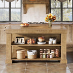 Tribesigns 55" Kitchen Island with Seating and Storage, 3-Tier Farmhouse Wood Stationary Island Table with Large Worktop & Leg Room, Coffee Bar Table with Storage Shelves for Kitchen, Natural Brown