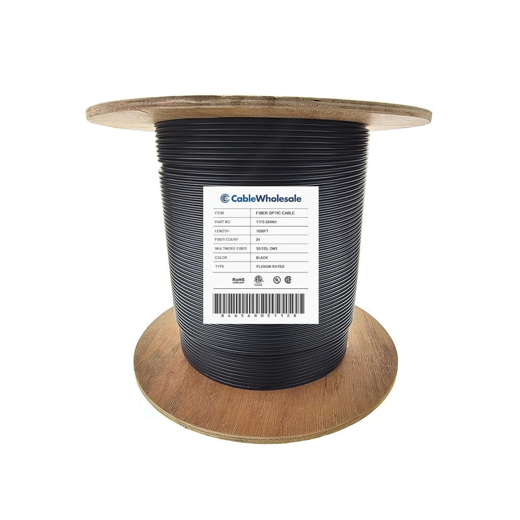 CableWholesale 1000ft Black 24-Strand Fiber Optic Cable Multimode 50/125 OM3  Corning ClearCurve  Plenum Rated  Indoor/Outdoor High-Speed 10G Networking