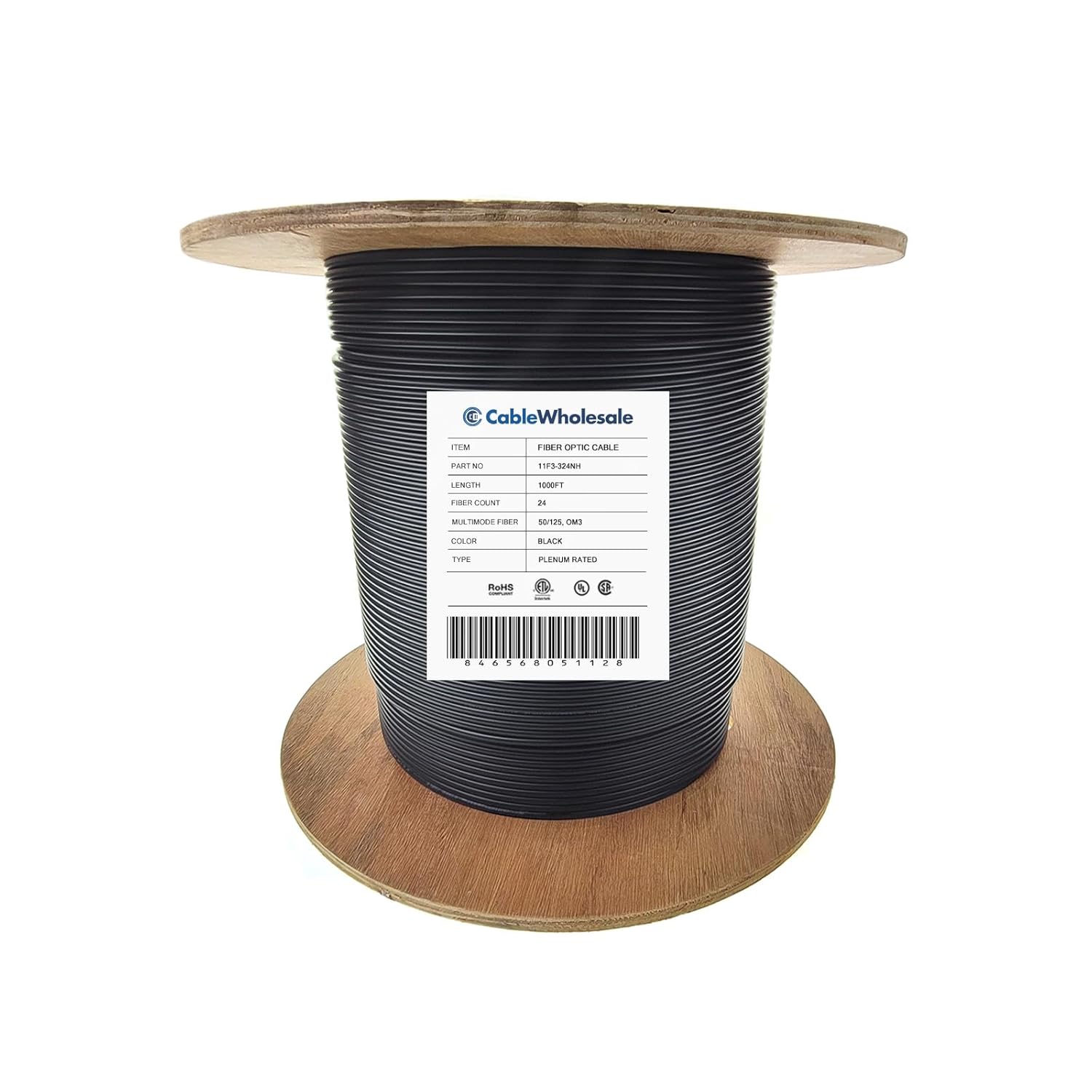 CableWholesale 1000ft Black 24-Strand Fiber Optic Cable Multimode 50/125 OM3  Corning ClearCurve  Plenum Rated  Indoor/Outdoor High-Speed 10G Networking