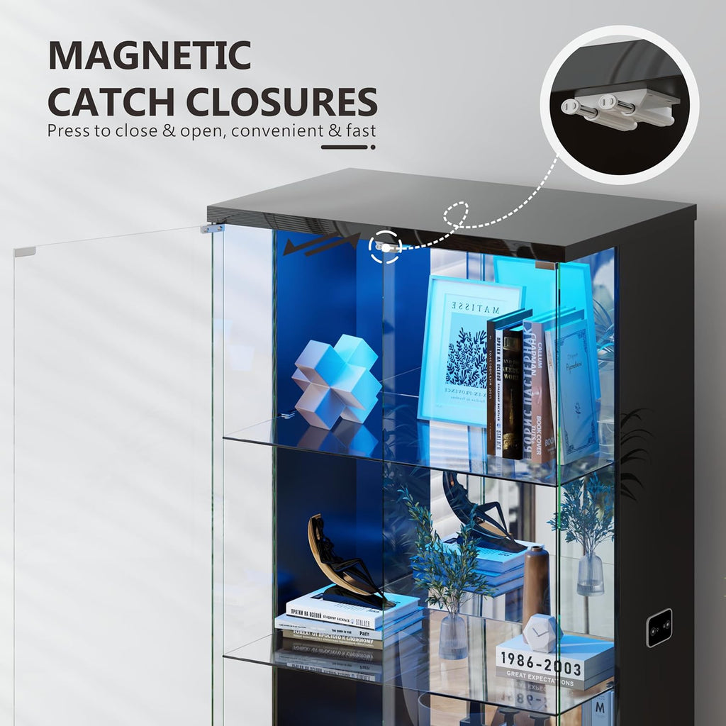 Lvifur 71” Tall Display Cabinet with Glass Doors, Modern Curio Cabinet Display Cases for Collectibles, Locking Cabinet with Shelves, Living Room Bookcase with Lights & Human Body Sensor (Black)