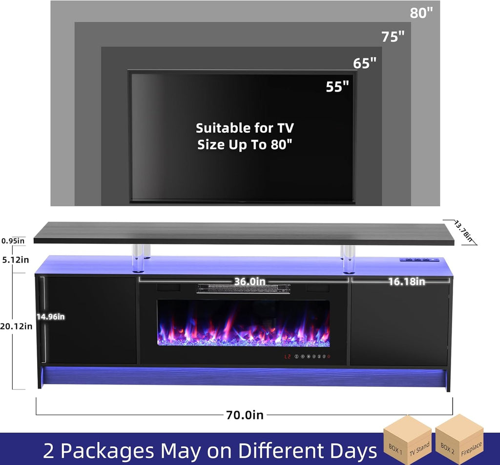 BREEZEHEAT 70 Inch Fireplace TV Stand for Up to 80" TV Console with 36'' Electric Fireplace & Outlet, Dual Led Lights Entertainment Center with Fireplace, Living Room, Black