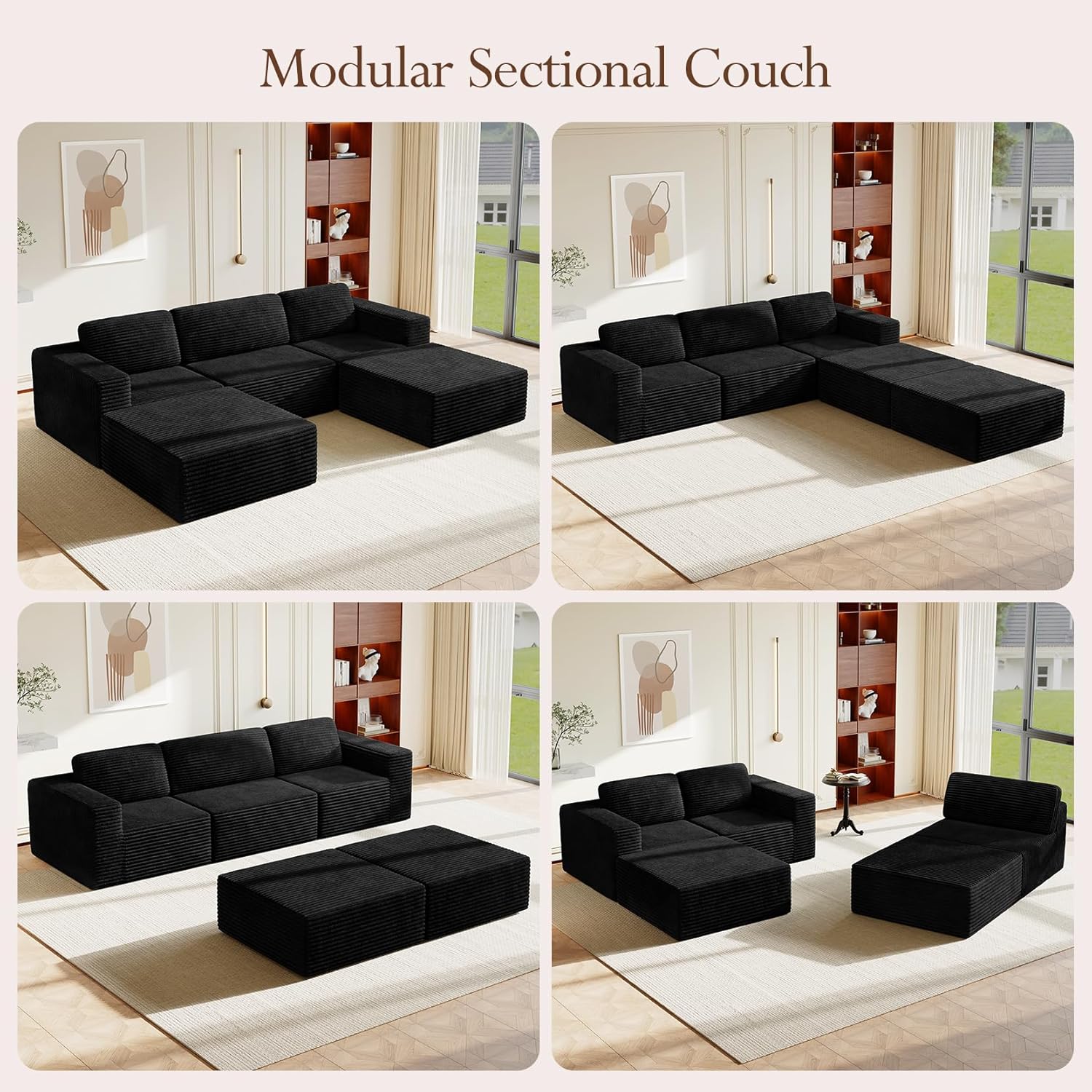 Vesgantti 119" Oversized U-Shaped Modular Sectional Sofa with 2 Movable Ottomans, Modern Cloud Couch with Deep Seat & Spring Support, Boneless Couches for Living Room, No Assembly Required, Black