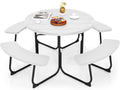 Giantex Picnic Table Set for Up to 8 Persons  Round Outdoor Table and Bench Set with Umbrella Hole  HDPE Top & Metal Frame  2000LBS Capacity  Patio Table Bench for Deck Backyard Garden (White)