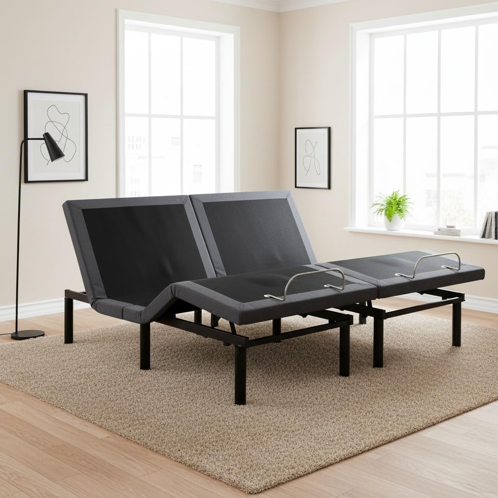 Naomi Home Idealbase Split King Adjustable Bed Base with Massage, USB Ports, Under-Bed Light, Wireless Remote, 800 Lb Capacity, Gray Metal Frame, Easy Setup for Couples' Personalized Comfort