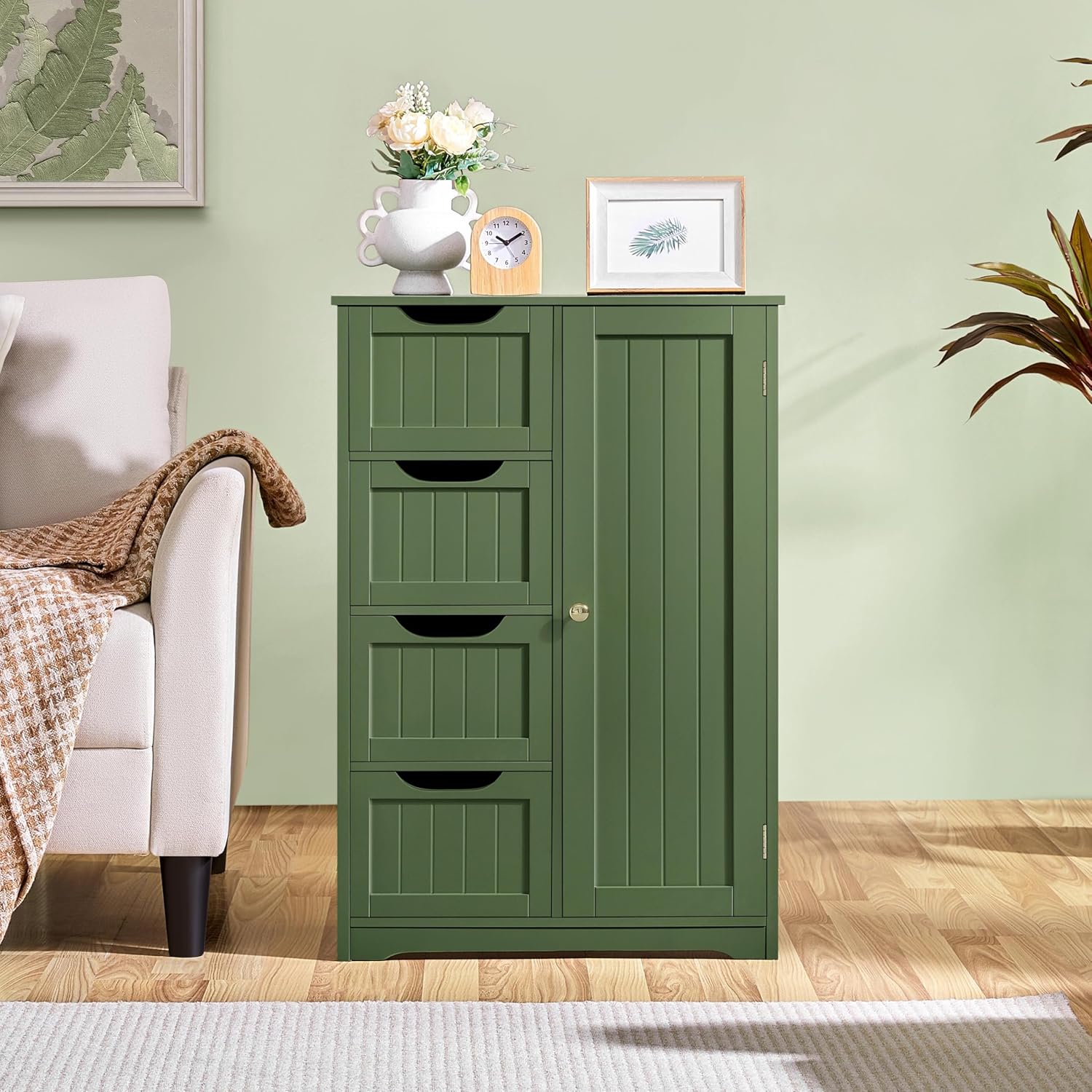 Yaheetech Wooden Bathroom Floor Cabinet, Side Storage Organizer Cabinet with 4 Drawers and 1 Cupboard, Freestanding Entryway Storage Unit Console Table, Bathroom Furniture Home Decor, Green