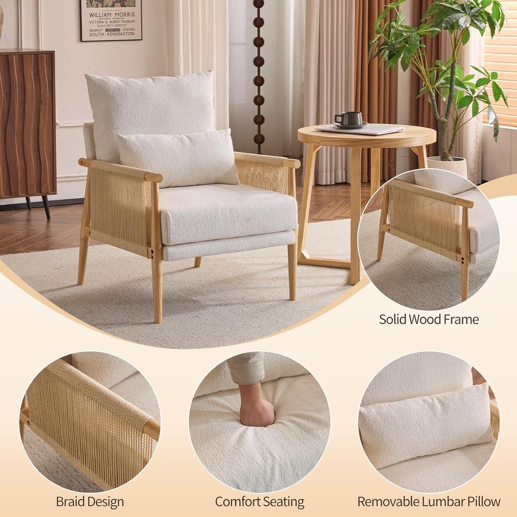 Karl home Cozy Chenille Accent Chair with Lumbar Pillow & Rattan Arms Modern Lounge Chair for Living Room, Bedroom, Reading Nook, Beige