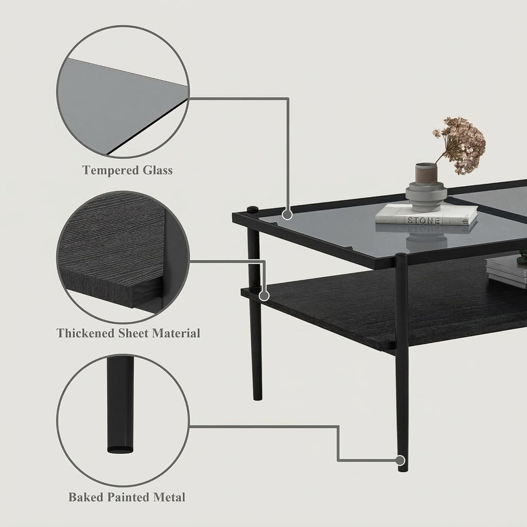 Casaphoria Rectangle Coffee Table, Modern 2-Tier Center Table with Gray Tempered Glass Top & Black Metal Legs, Living Room Furniture with Open Storage Shelf, 38.4 Inch