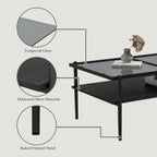 Casaphoria Rectangle Coffee Table, Modern 2-Tier Center Table with Gray Tempered Glass Top & Black Metal Legs, Living Room Furniture with Open Storage Shelf, 38.4 Inch