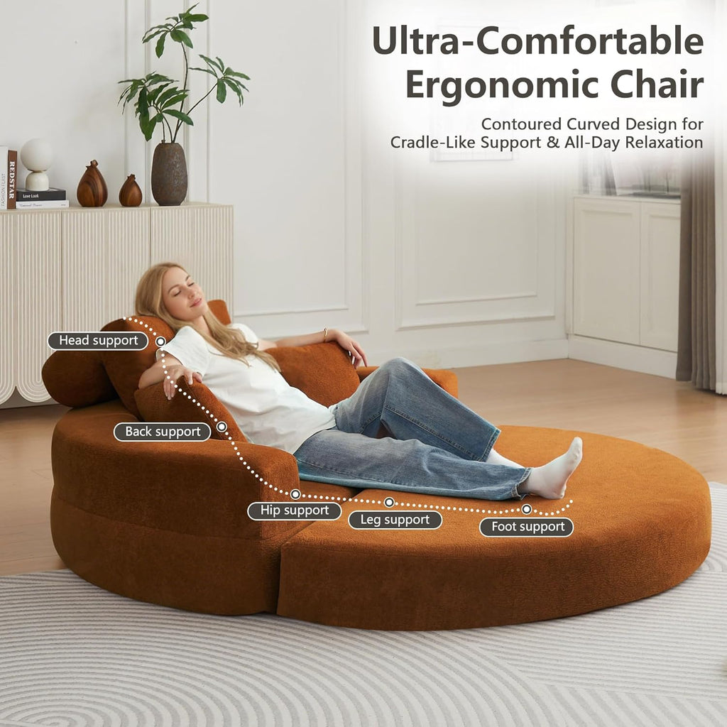 71" Boneless Couch Sofa Bed Oversized Round Couch 2-in-1 Foldable Floor Loveseat Sofa for Living Room and Apartment No Assembly (Orange, 71")