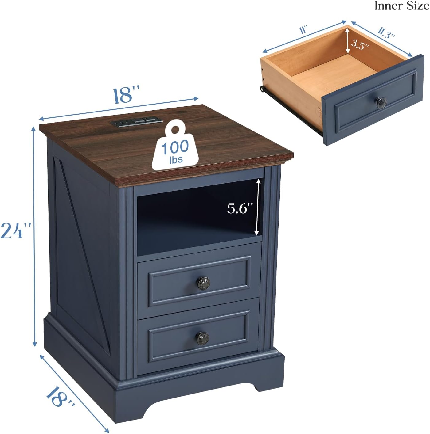 QUW Nightstand Set of 2 with Charging Station, Side Table with 2 Drawers and Open Storage, 18" Retro Bedside Table, End Table for Bedroom, Living Room, Blue