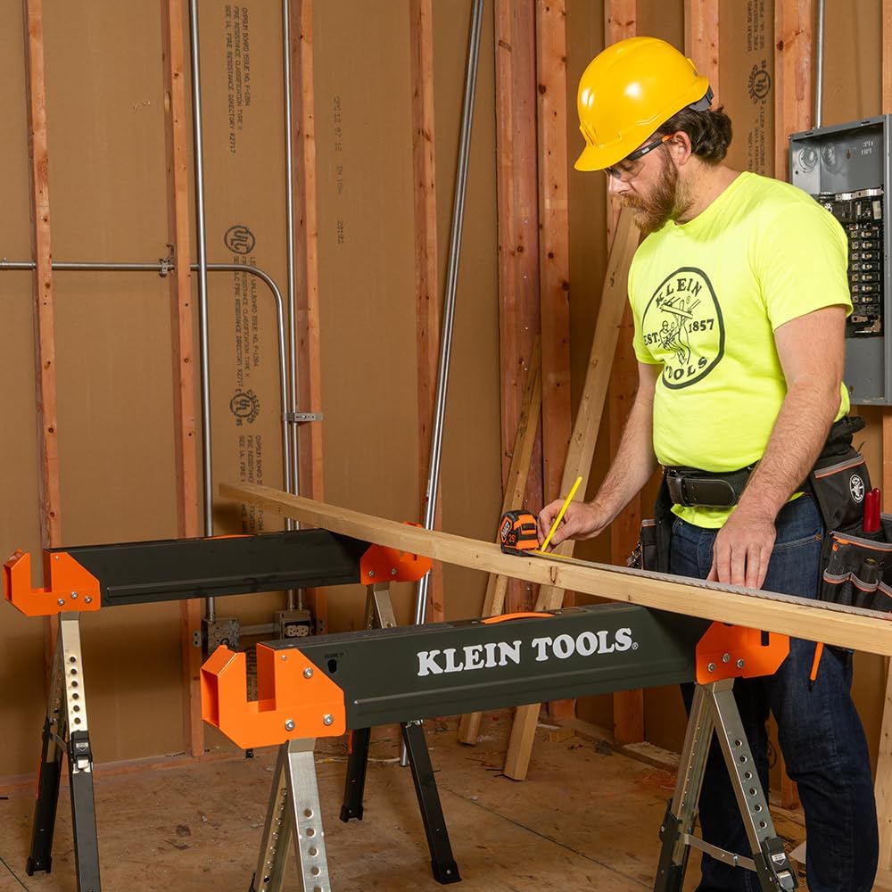 Klein Tools 80178 Folding Saw Horse, Adjustable 26 to 32-Inch Height, 2x4 Support Arms, Heavy Duty Jobsite Table, 2-Pack