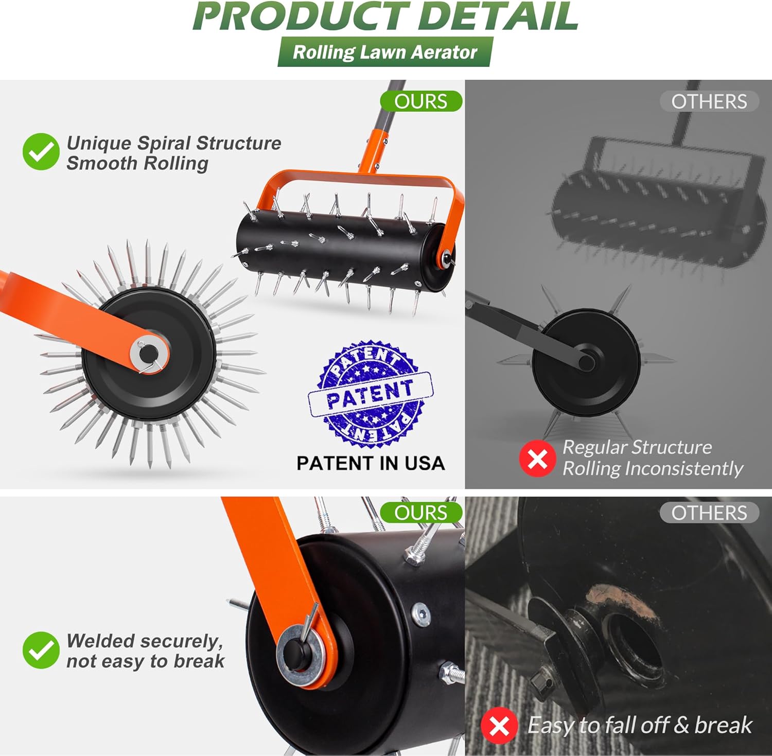 Walensee Rolling Lawn Aerator, Heavy Duty Manual Aerator Tool with 42 Spikes, Lawn Spike Aerator Roller with 71" Adjustable Handle, Soil Penetrator Push Lawn Aeration for Garden Yard Patio