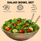 Large Wooden Salad Bowl 11.5 Inches with Serving Utensils, Wooden Fruit Bowl, Mango Wood Bowl Set for Serving, Large Wood Salad Bowl for Family Meals, Pasta, Popcorn, Handcrafted Wooden Serving Bowl