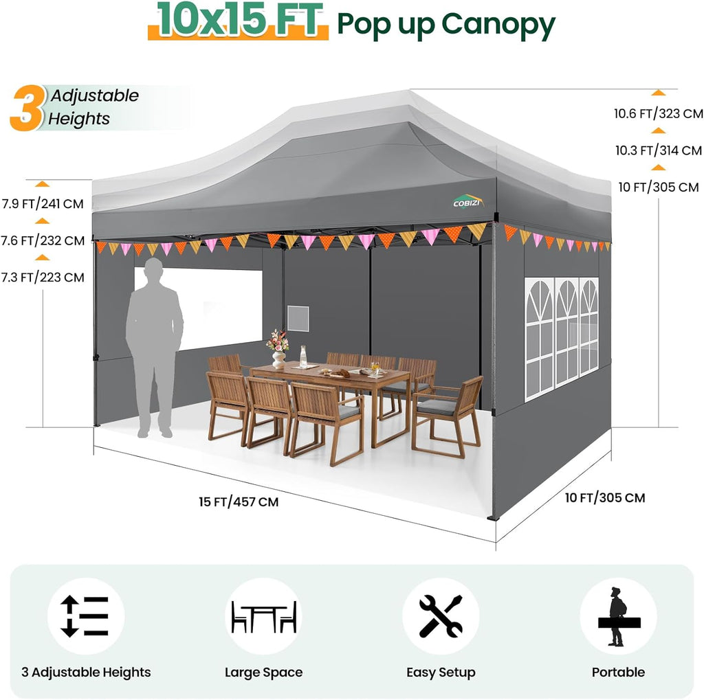 COBIZI 10x15 Heavy Duty Pop up Canopy Tent with 4 sidewalls  Commercial Outdoor Tents for Parties Backyard Event  Wedding  All Season Waterproof Event Shelter with Carry Bag  Gray(Frame Thickened)