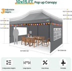 COBIZI 10x15 Heavy Duty Pop up Canopy Tent with 4 sidewalls  Commercial Outdoor Tents for Parties Backyard Event  Wedding  All Season Waterproof Event Shelter with Carry Bag  Gray(Frame Thickened)