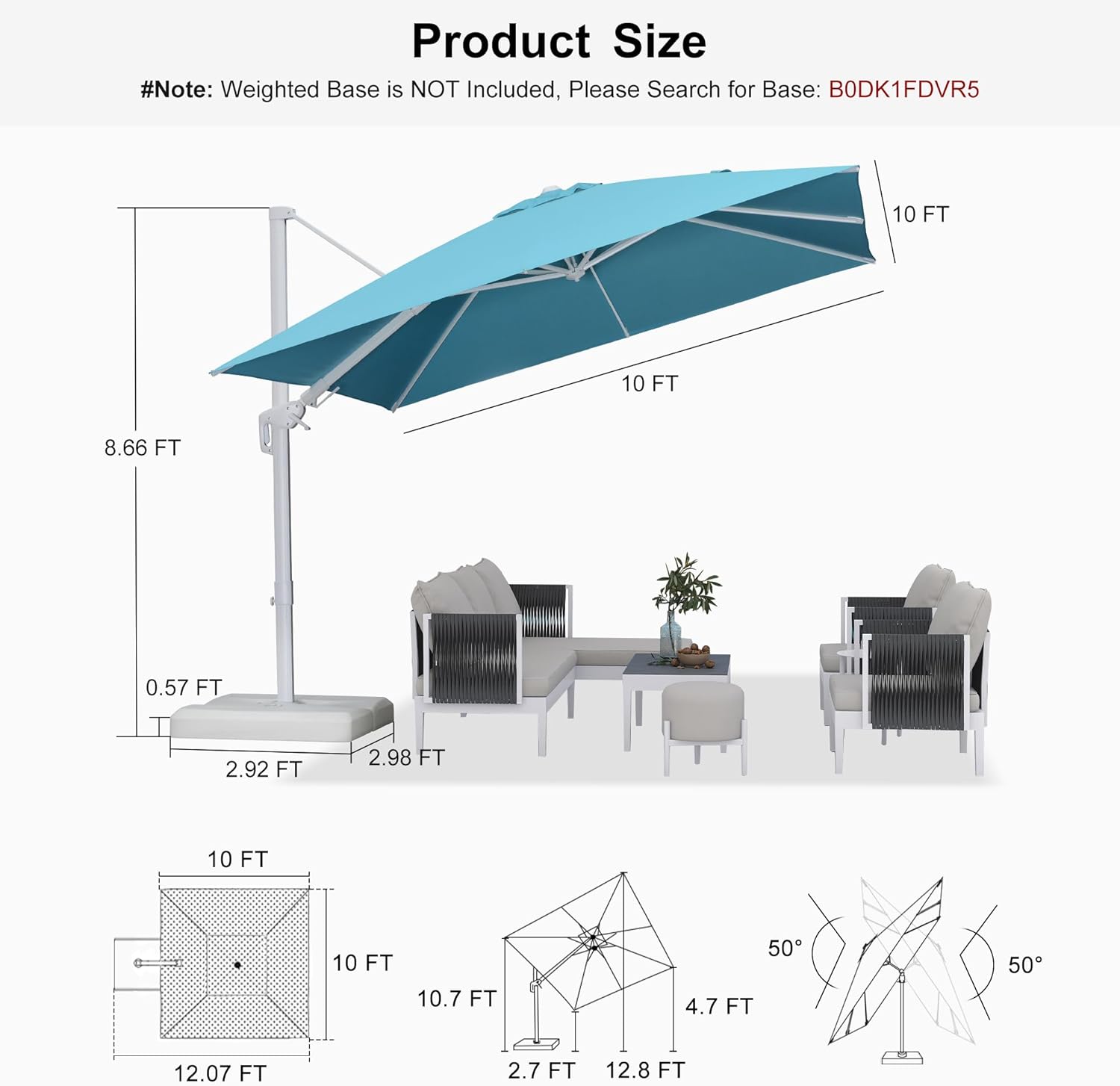 PURPLE LEAF 10 FT Right-left Tilt Patio Umbrella Swivel White Cantilever Umbrella with Tilt Aluminum Outdoor Umbrella with 360° Rotation for Deck Pool Garden, Turquoise