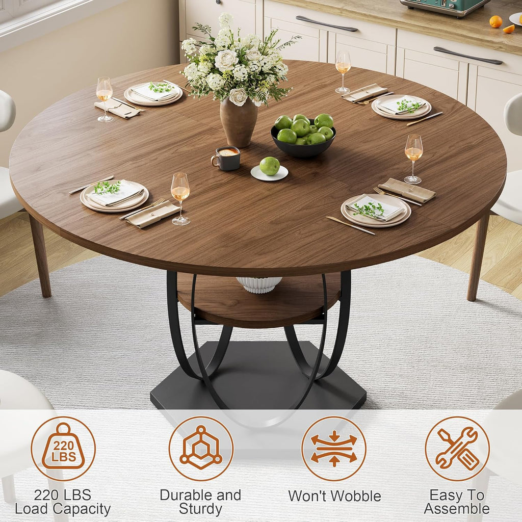 47.2" Round Dining Table for 4-6, Circle Kitchen Table with Open Storage Shelf, Modern Wooden Dinner Table with Metal Pedestal Base, Dining Room Tables for Kitchen Small Space, Walnut